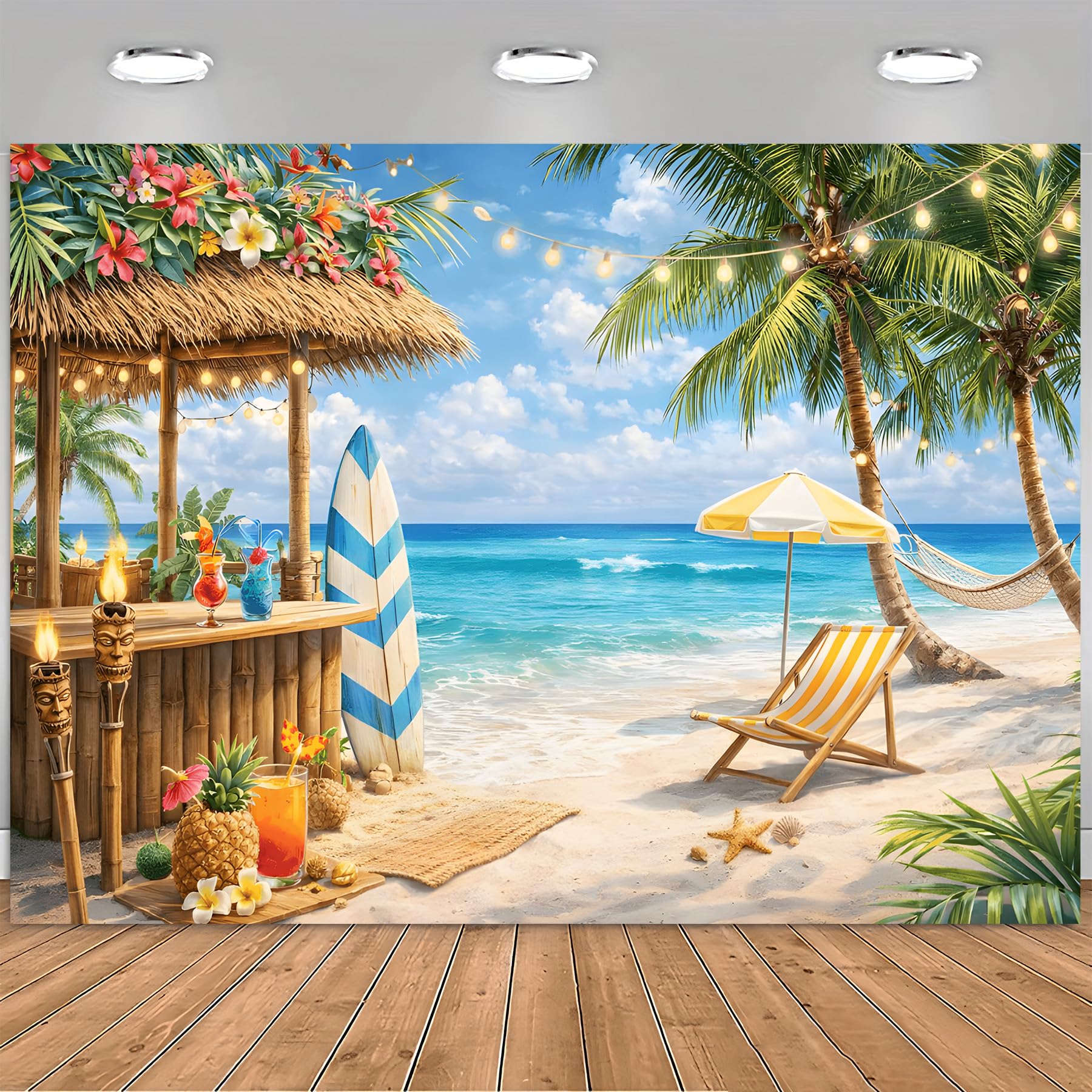 Hawaiian-Themed Backdrop Suitable for Tropical Parties, Photo Booth Background with Bar, Pineapples, Coconut Cups & Cocktails - Lightweight with Orange Sunset Ocean for Luau Decorations, Ev-image-35