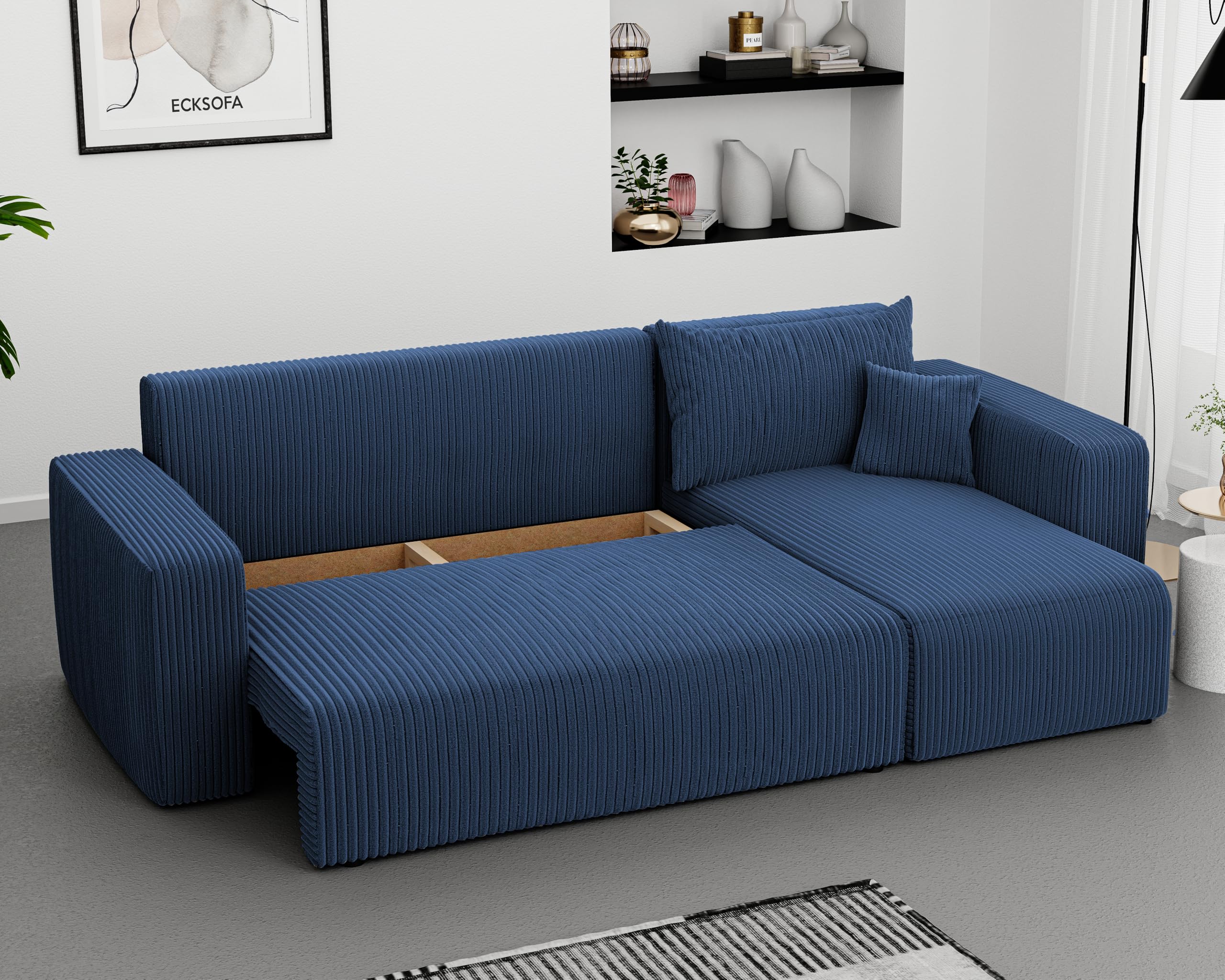 Canapé D'angle Convertible Velours Côtelé - 220x160 Cm - Convertible En Lit 200x125 Cm - Rangement Intégré - Configurable Gauche/droite - Noir