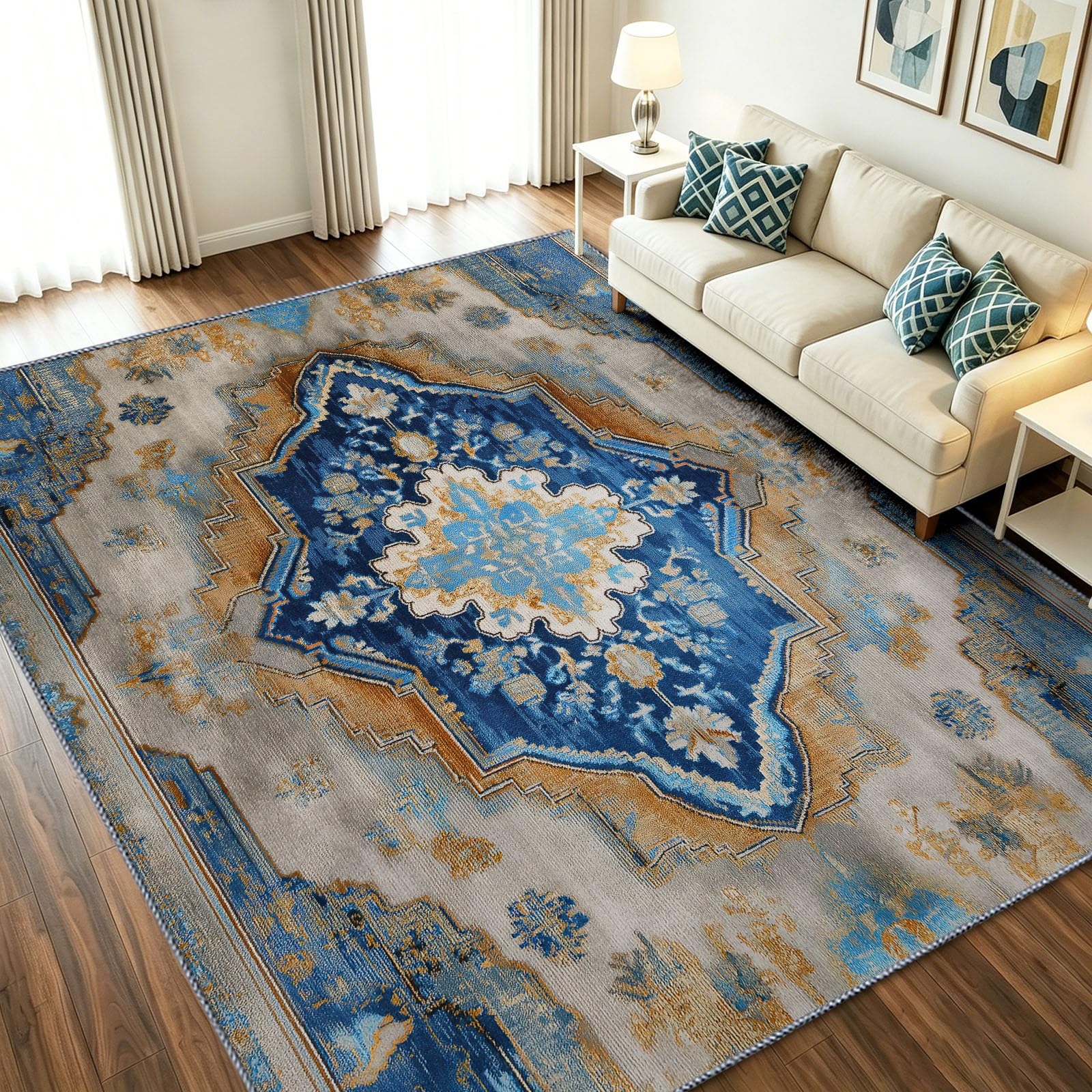 Tapis motif médaillon fleurs ornées au tissage fin de tradition et élégance bleue