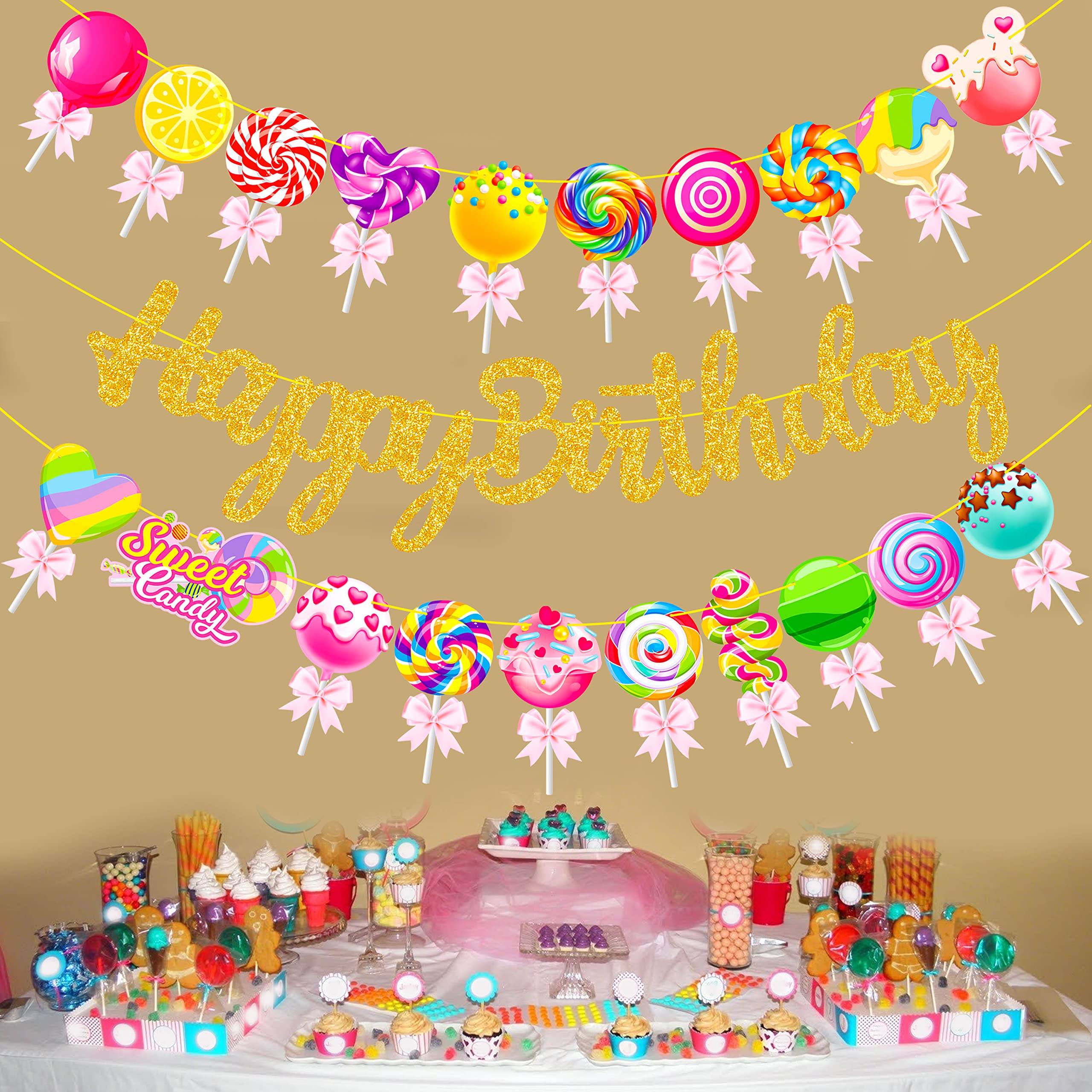 Candyland - Carteles de fiesta de feliz cumpleaños, 3 pancartas recortadas para fiesta de caramelos, decoración de fiesta de piruletas para fiesta de Candyland, suministros de baby shower