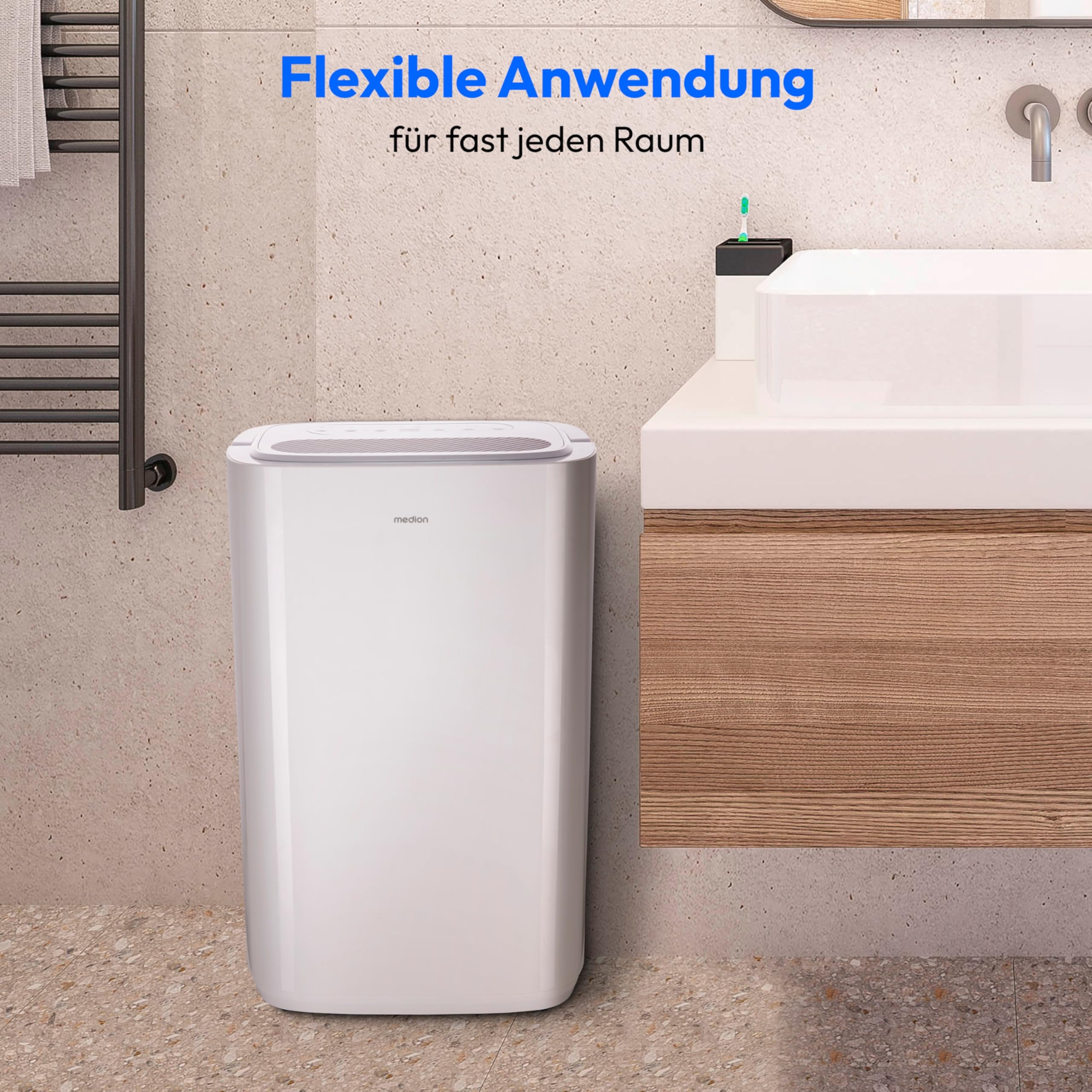 MEDION DH20 Luftentfeuchter elektrisch (bis zu 100m³ (20m²), 20Liter/24h, 43db leise, elektrischer Raumentfeuchter, Normalbetrieb, Wäschemodus, Ventilatorbetrieb, Timer, Bodenrollen, Entfeuchter)