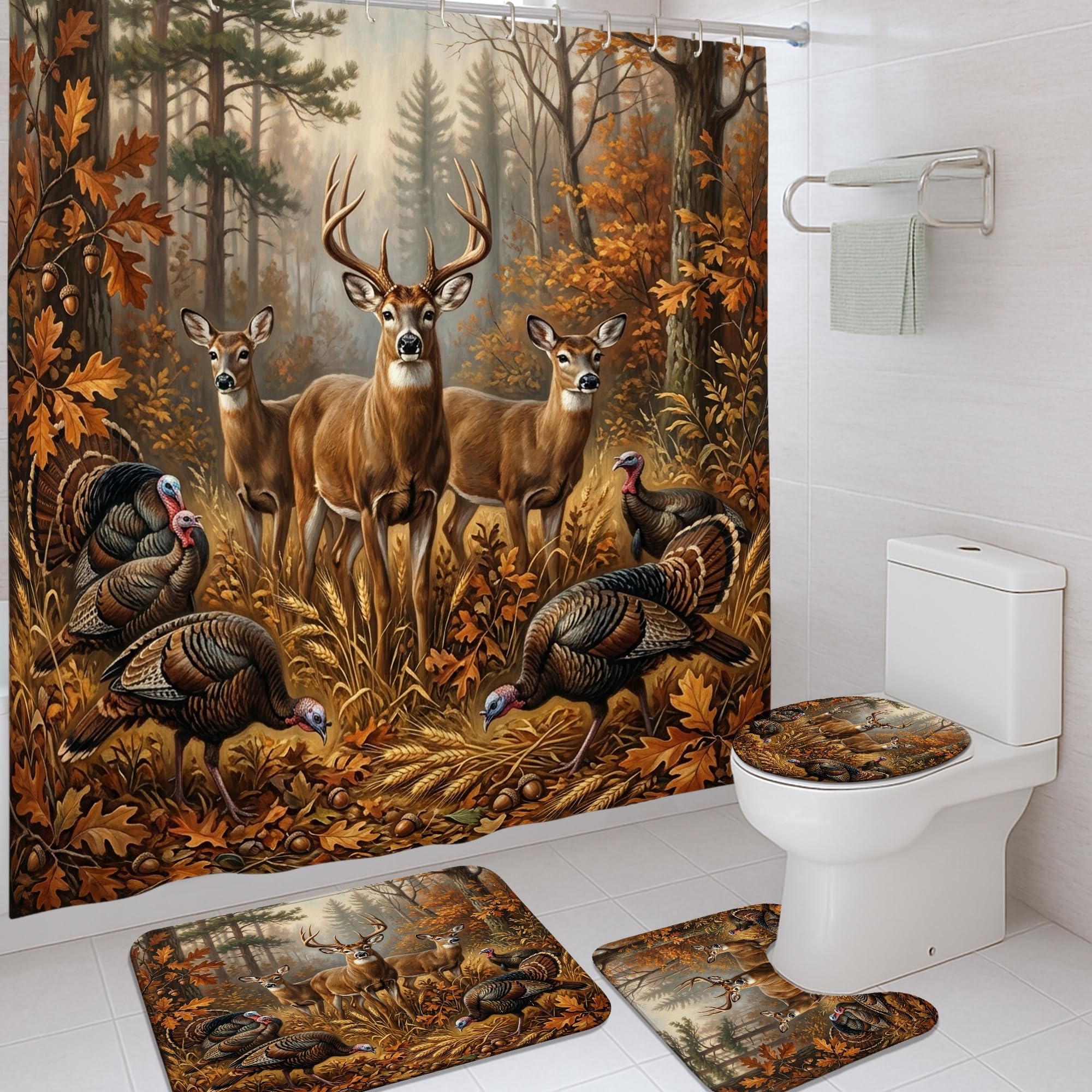 Rideaux de douche nature automne et tapis pour transformer la salle de bain en chalet