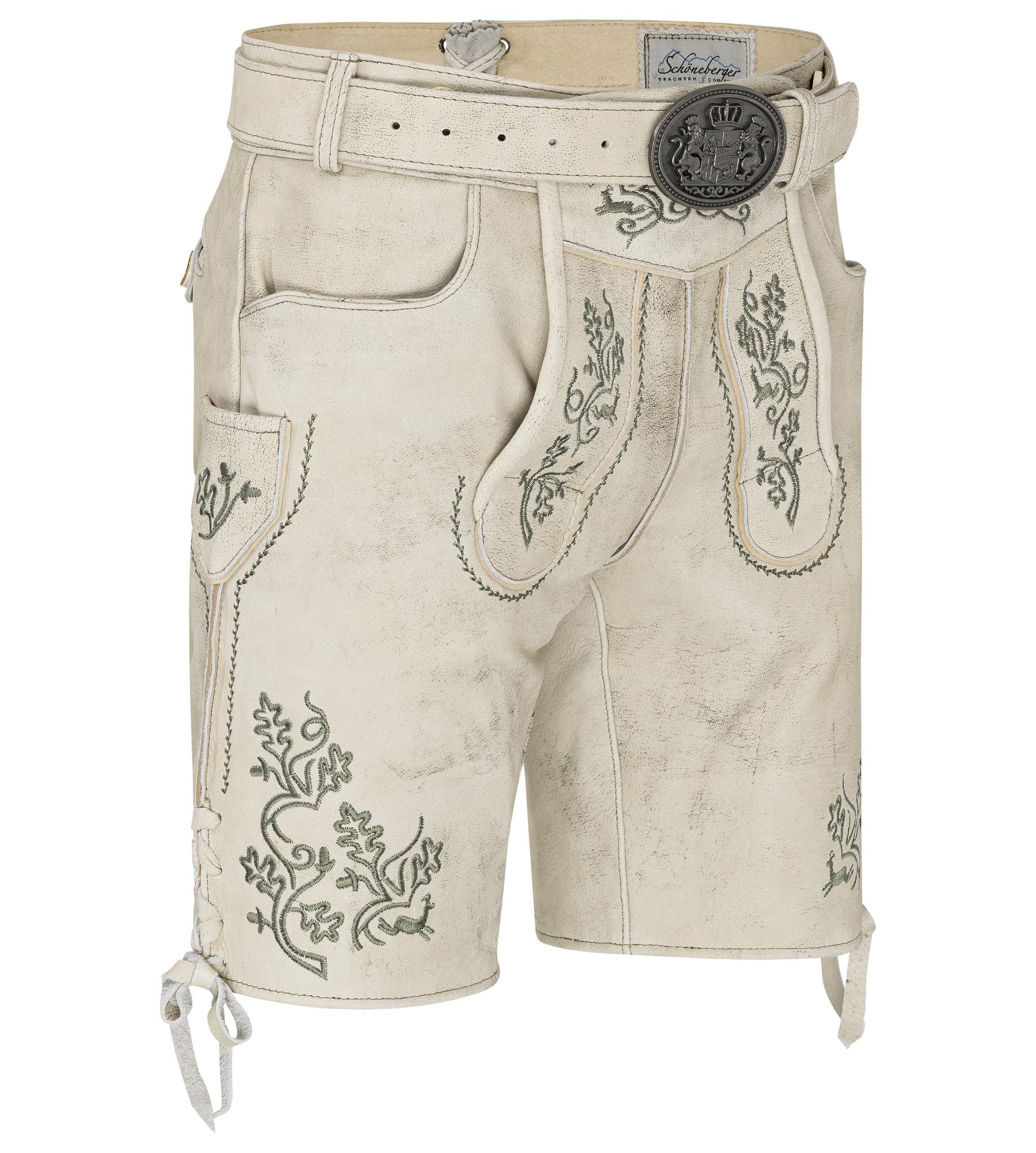 Schöneberger Trachten Couture Herren Lederhose kurz mit Trachtengürtel, Trachtenlederhose für Oktoberfest, Nubuk-Leder Beige-Grau Alpenschnee
