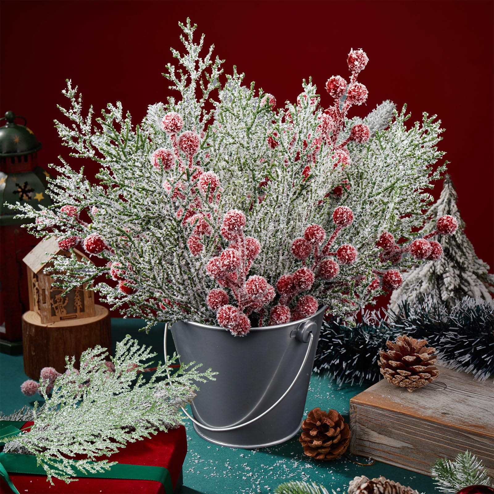 Ceenna 100 Pcs 9 Inches Christmas Snowy Red Berry Picks Christmas Frost Red Berries Spray Branches Artificial Christmas Berry Stems for DIY Wedding Home Winter Party Decor (Red Green,Cypress Leaves)