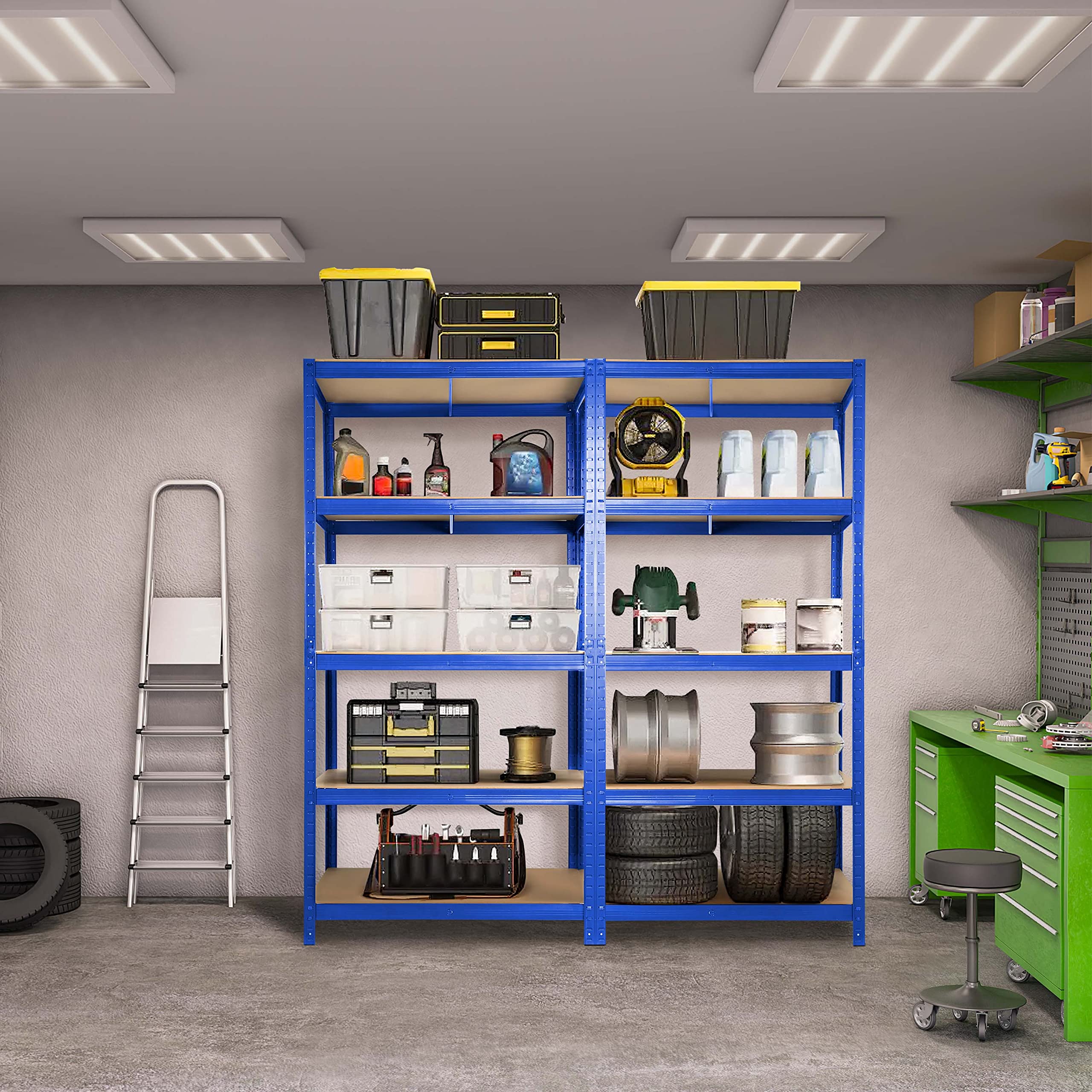 Ribelli Scaffali per Carichi Pesanti, 180 x 90 x 60 cm, Scaffalatura a 5 Ripiani Regolabili, Scaffale Metallo Garage, Portante 875 kg, Scaffale per Magazzini, Cucine, Senza Viti, Blu