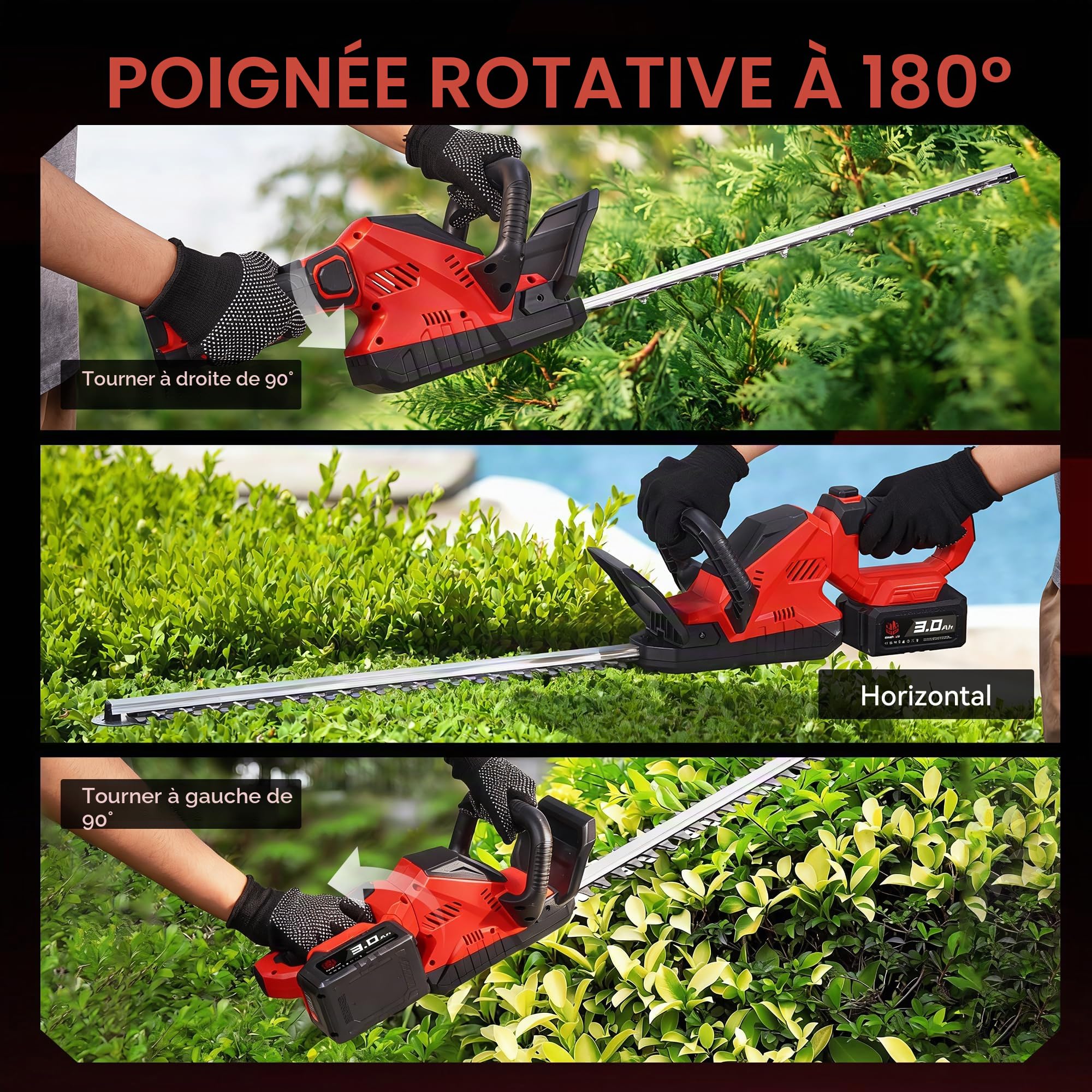 ONEVAN Taille-haie électrique sans fil 180° 52cm Longueur avec 2 batteries