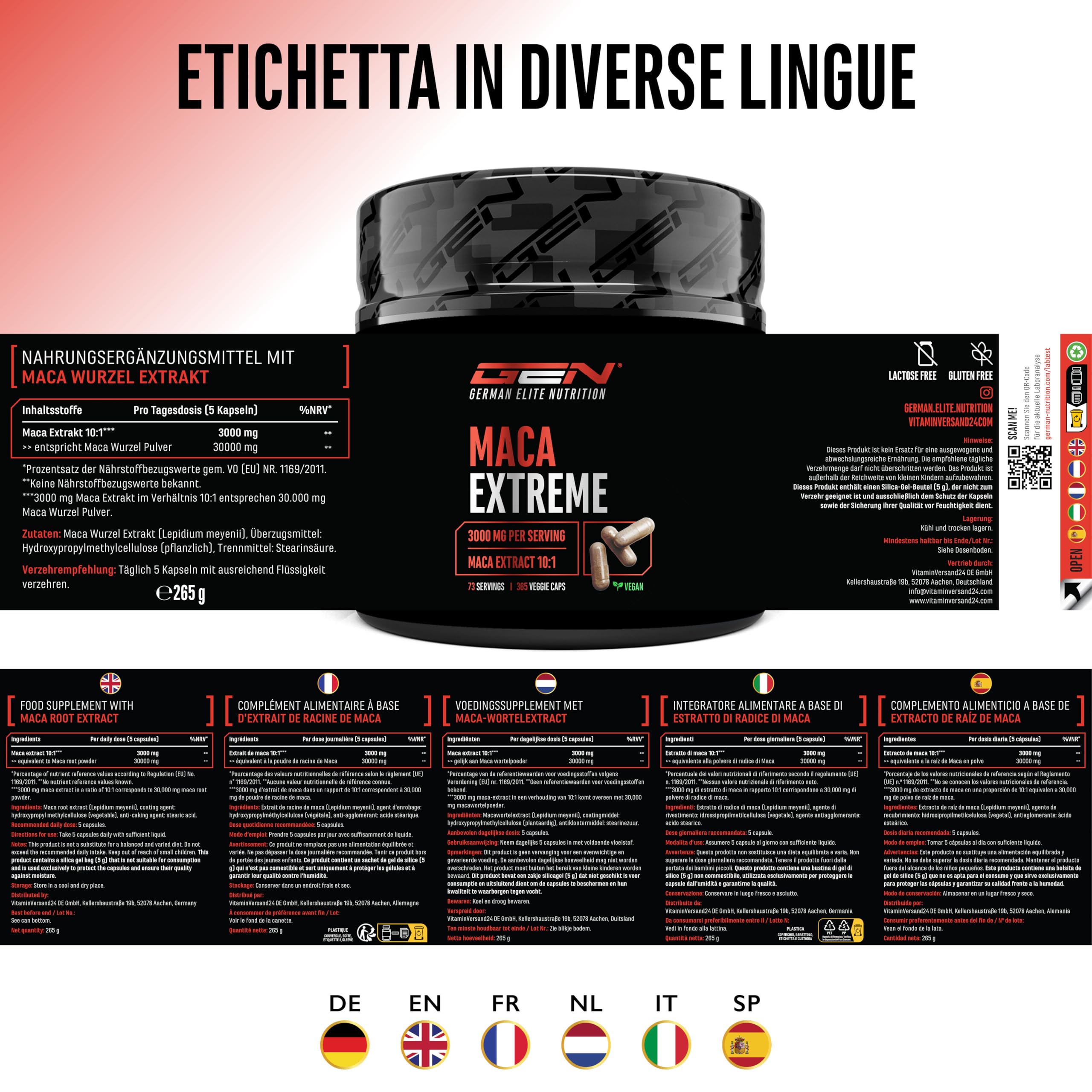 Maca Capsules Extreme - 365 capsule - Dosaggio elevato con 30.000 mg per dose giornaliera - Estratto speciale 10:1 - Vegan - German Elite Nutrition