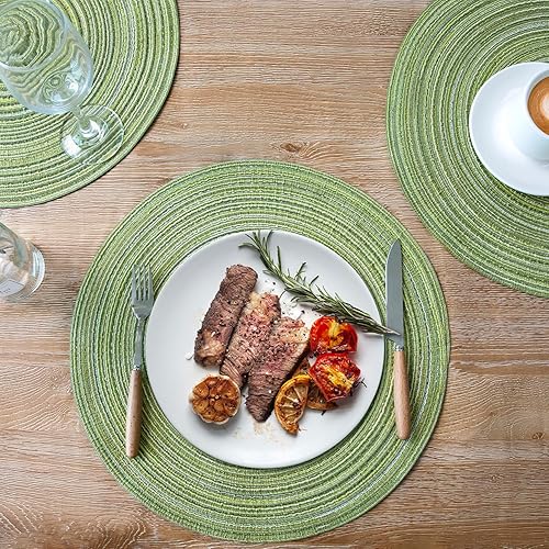 Miniatura 6 de eQFeast Juego de 6 manteles individuales redondos trenzados de 15 pulgadas para mesa de comedor y cocina, lavables, antideslizantes (color verde,