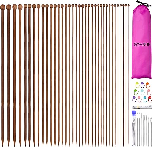 BCMRUN Juego de 36 agujas de tejer de bambú, agujas de tejer carbonizadas rectas de un solo punto con accesorios de juego completo, 18 tamaños de