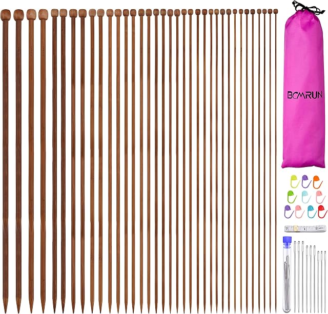 BCMRUN 36Pcs/18 Pairs Bamboo Knitting Needles Set, Straight Single Pointed Carbonized Knitting Needles with Full Set Accessories,18 Size from 2.0mm-10.0mm,13.8 Inches Length for Handmade DIY Knitting