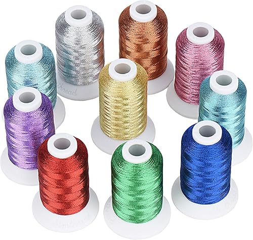 Simthread Kit de hilo metálico para máquina de bordar de 10 colores esenciales, 500M (550Y) para bordado computarizado y costura decorativa -