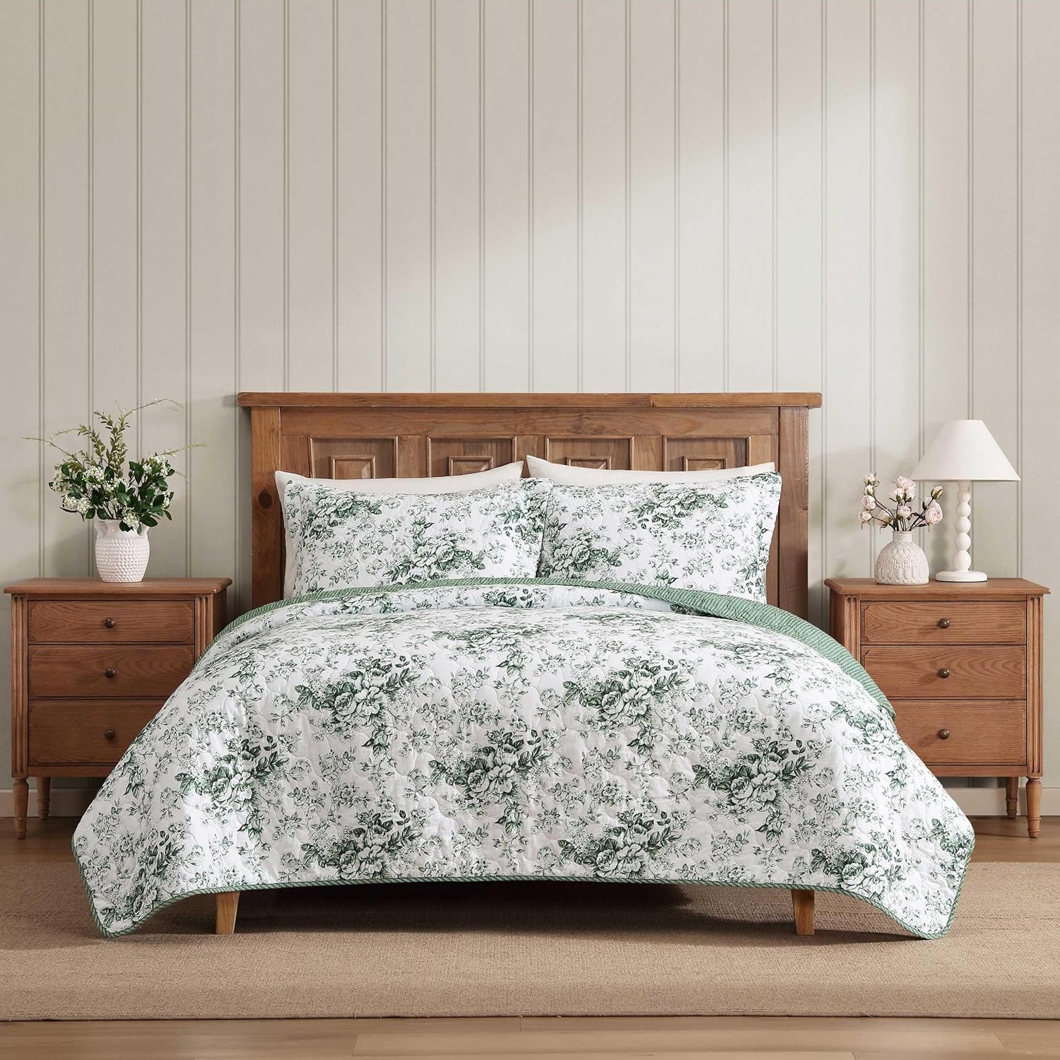 Laura Ashley - Queen Quilt Set, Soft & Breathable Cotton Bedding with Channel Stitch Detail, Lightweight for Year Round Comfort, 3 Piece Bed Set with Matching Pillowcases (Toile Delight Green)