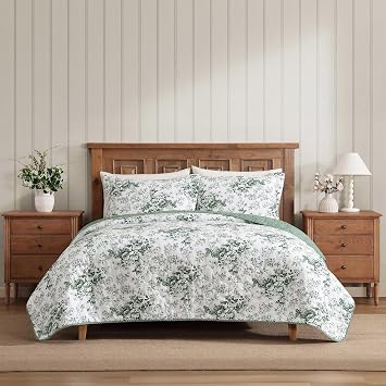 Laura Ashley - King Quilt Set, Soft & Breathable Cotton Bedding with Channel Stitch Detail, Lightweight for Year Round Comfort, 3 Piece Bed Set with Matching Pillowcases Toile Delight Green