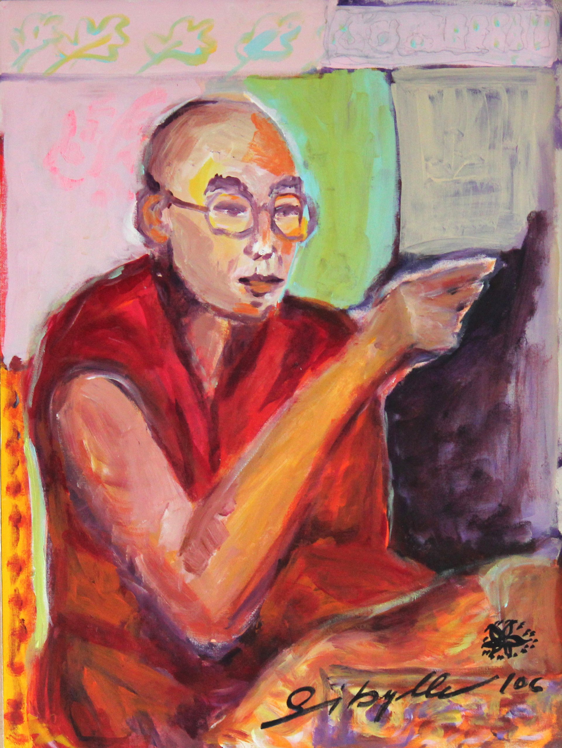 Tableau fait lama Dalai Michael Pfannschmidt en peinture acrylique et lin de qualité galerie