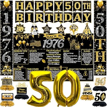 50th Birthday Decorations, Black and Gold Birthday Decorations Kit for Men and Women, Banner, Backdrop, Porch Sign, 6 Pcs Honeycomb Centerpieces, 6Pcs Hanging Swirls, Party Supplies Black Gold 50th