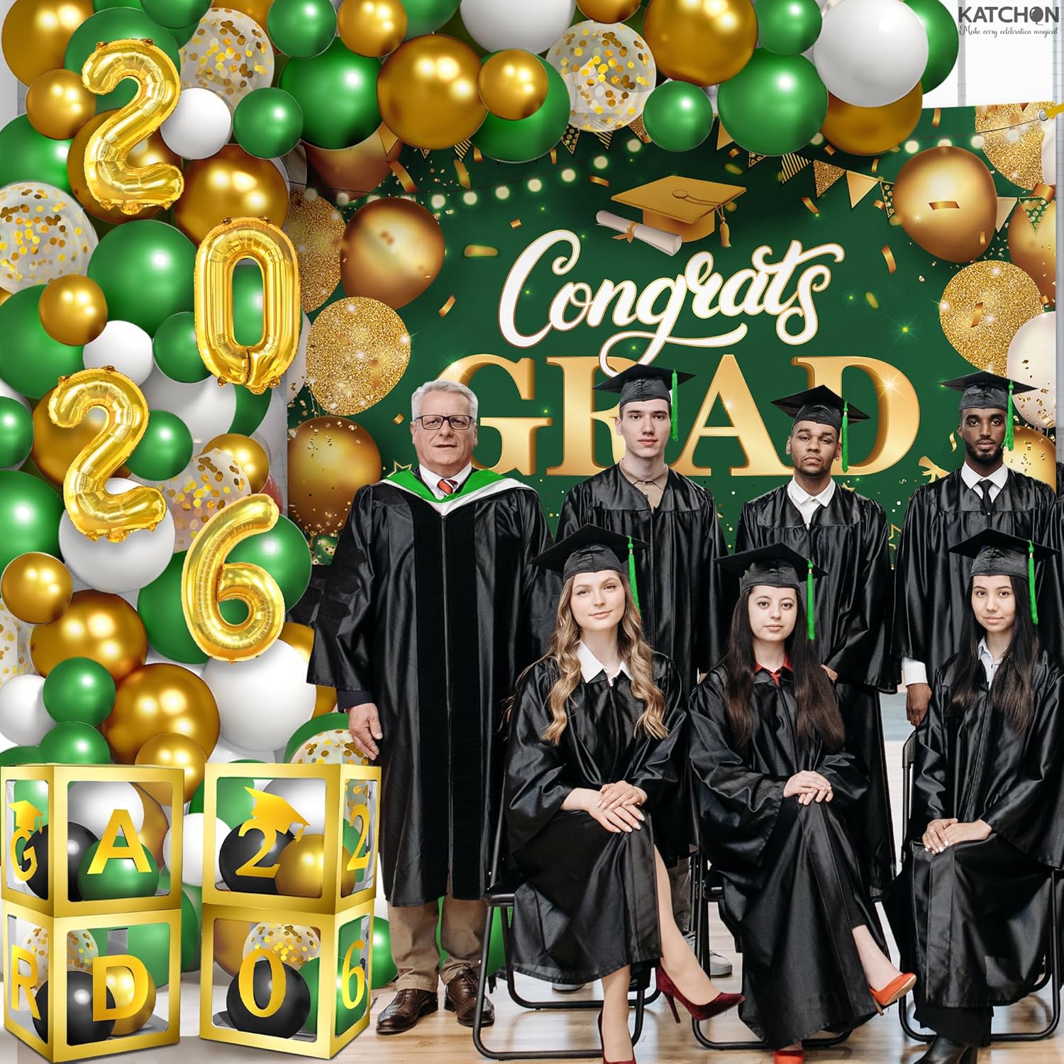 KatchOn, Green and Gold Graduation Decorations Class of 2026, Huge, Pack of 73, Congrats Grad Banner and Grad Balloon Boxes, 2026 Grad Balloons for 2026 Graduation Decorations, 2026 Grad party Decor