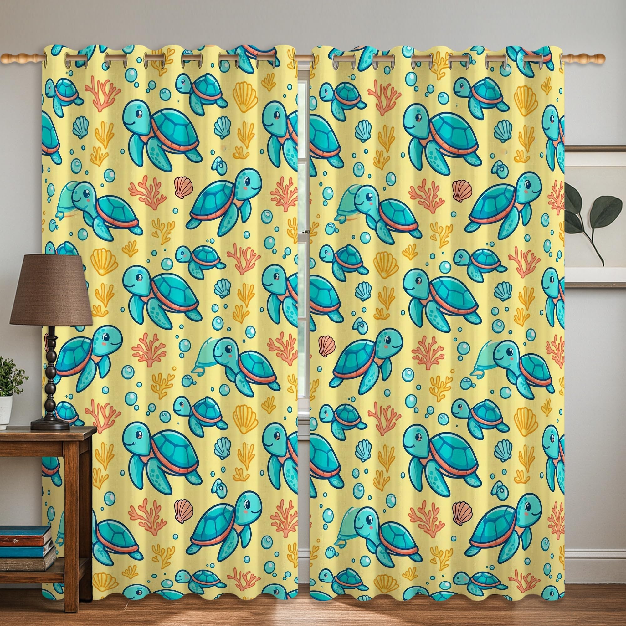 Rideaux occultants plissés jaune d'été 106x160 cm motif tortue marine et corail pour chambre