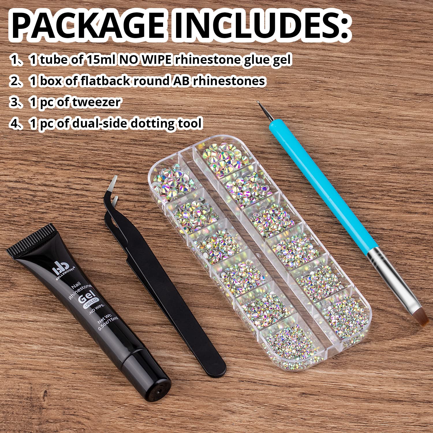 1 PC 15ml Nail Art Rhinestone Glue Gel(UV/LED)+1 Box of 2-5mm Flat Back Round Crystal AB Gemstones+1 PC Tweezer+1 PC Dual-sided Dotting Pen for Professional And Home DIY Nail Art Decoration