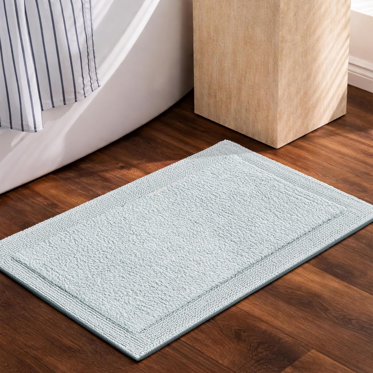 Bedding Craft Bathroom Bath Mat Rug – 100% Cotton, Reversible, Water Absorbent, Machine Washable, Soft Bathmat for Tub Side, Sets 2 Pieces (17x24+21x34) Silver Grey