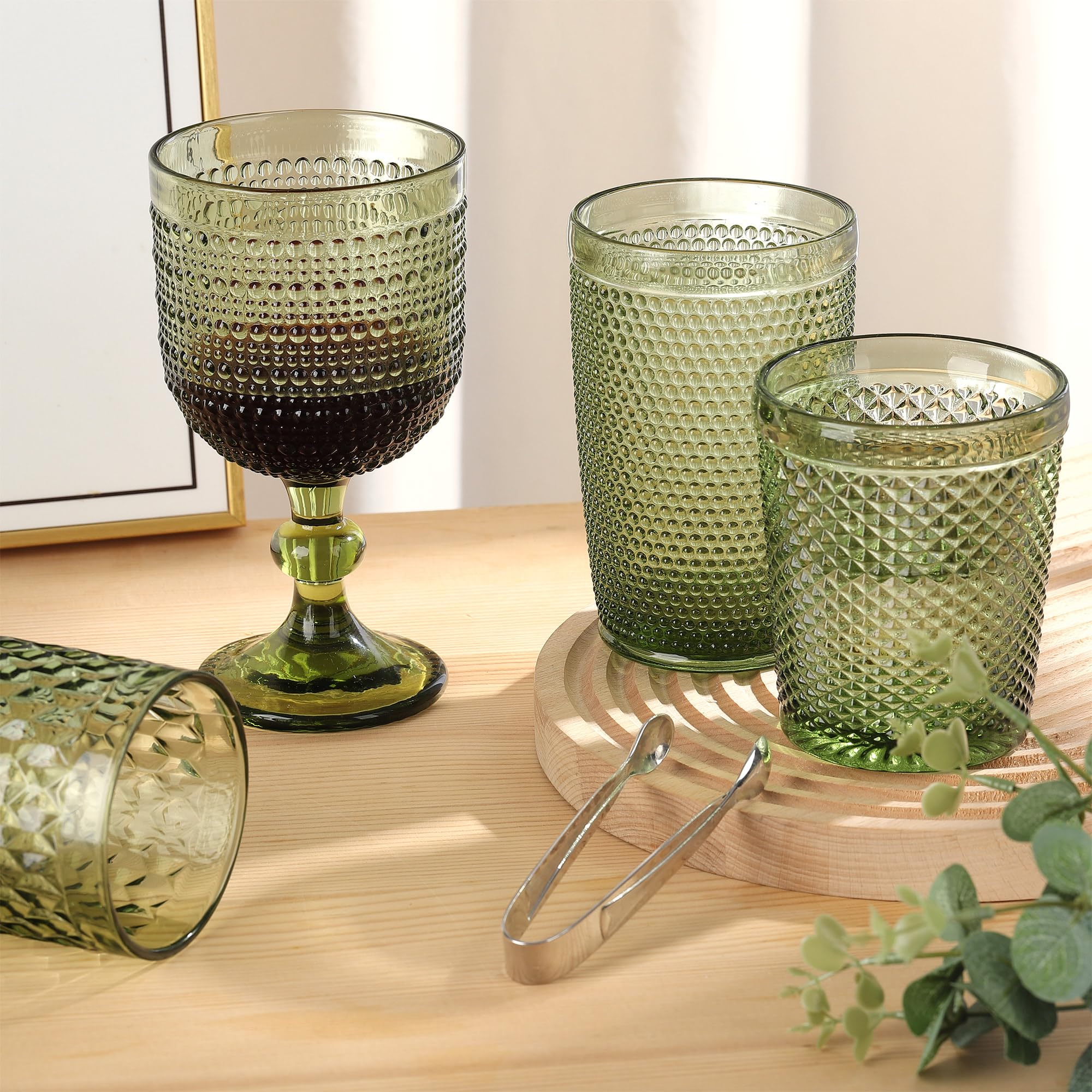 Joeyan 300ml Grün Trinkgläser Set von 6,Bunt Wassergläser Set mit Diamant Relief,Vintage Gläser Set for Zuhause Restaurant Bar,Spülmaschinenfest