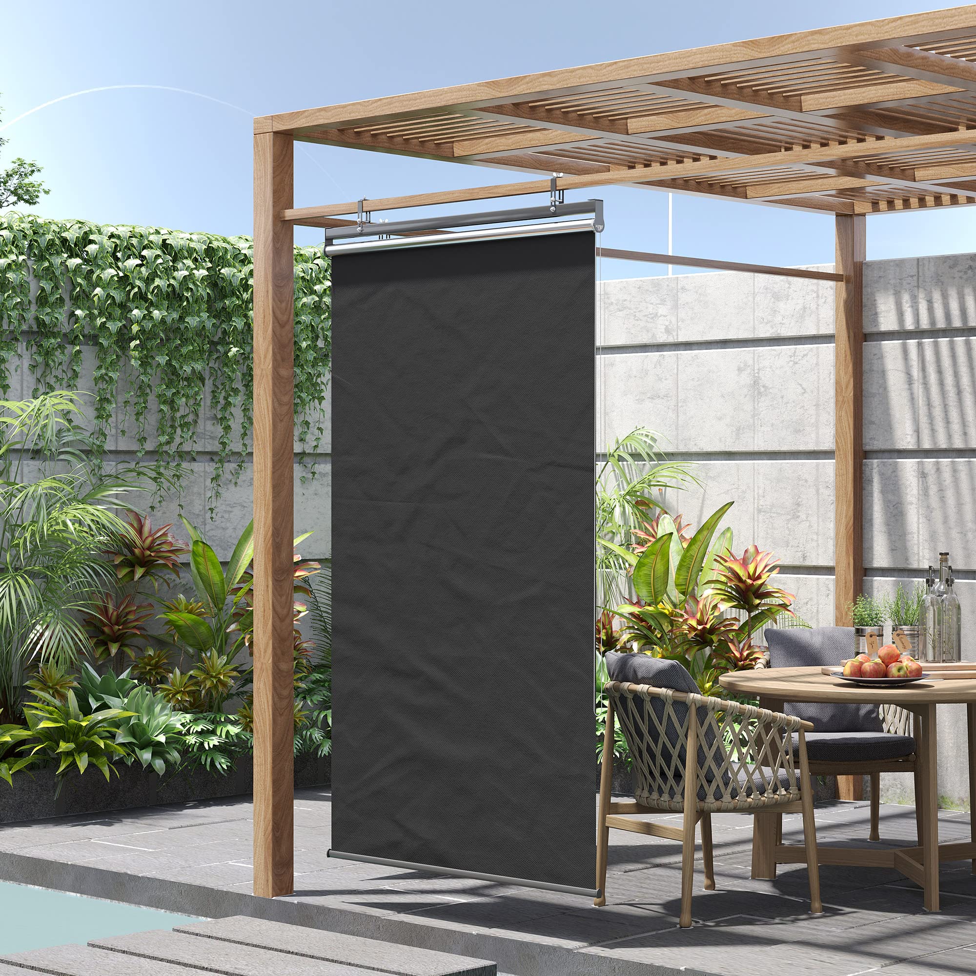 Outsunny Store Extérieur Vertical Rétractable 124L x 222H cm Gris Foncé | Manuel, Store Pare-Soleil Enroulable, Installation sans Perçage, Alu., Polyester Haute Densité