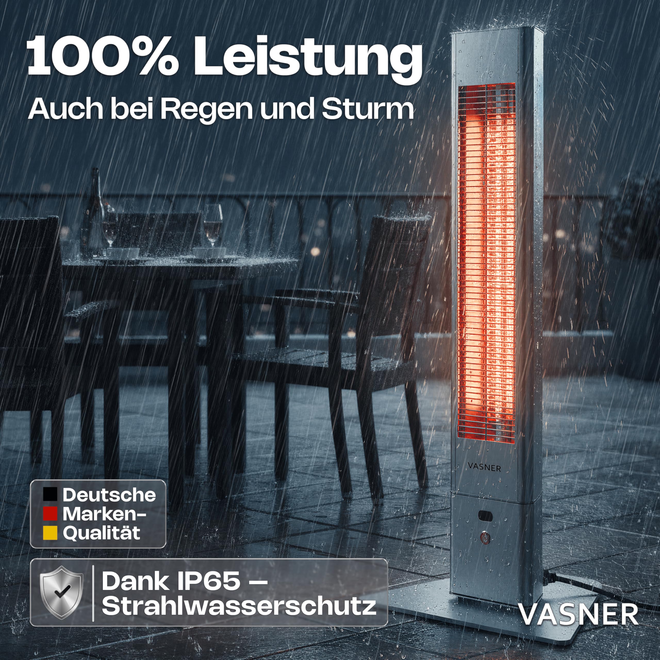 VASNER HeatTower Infrarot Heizstrahler Terrasse 2500 Watt 4 Heizstufen Standheizstrahler elektrisch mit Fernbedienung IP65 Schutz für Outdoor oder Bad