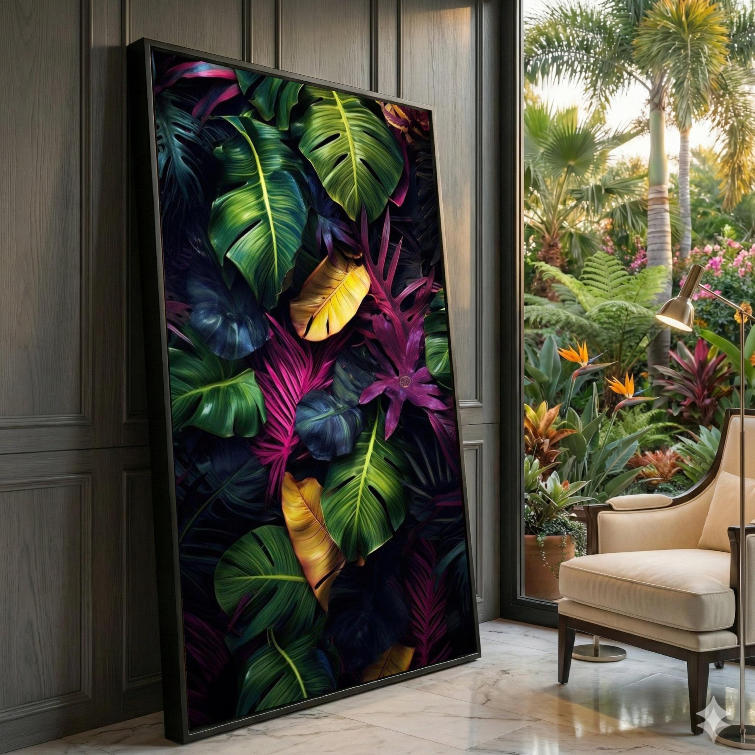 XINBAO Tropical Leaves Canvas Wall Art, Colorful Jungle Foliage Print, Botanical Home Decor, Nature Canvas,Modern Wall Painting(70x130cm/Frameless)