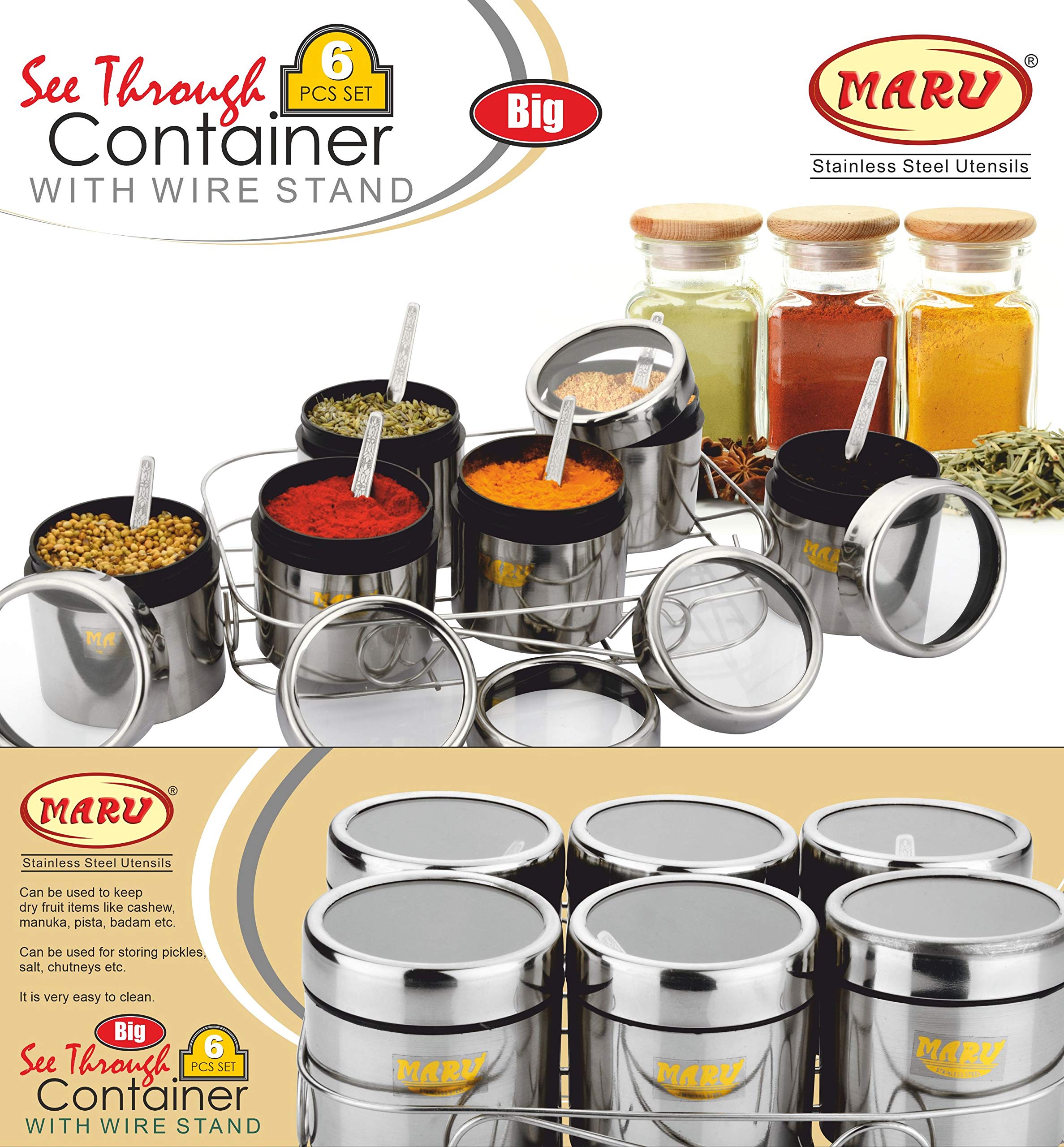 MARU Stainless Steel Masala Container for Kitchen, Multipurpose Organizer with Wire Stand & 6 Spoon Set, Spice Storage box, Durable Kitchen Storage Solutions for Spices and Essentials 350ml each - Image 5 thumbnail