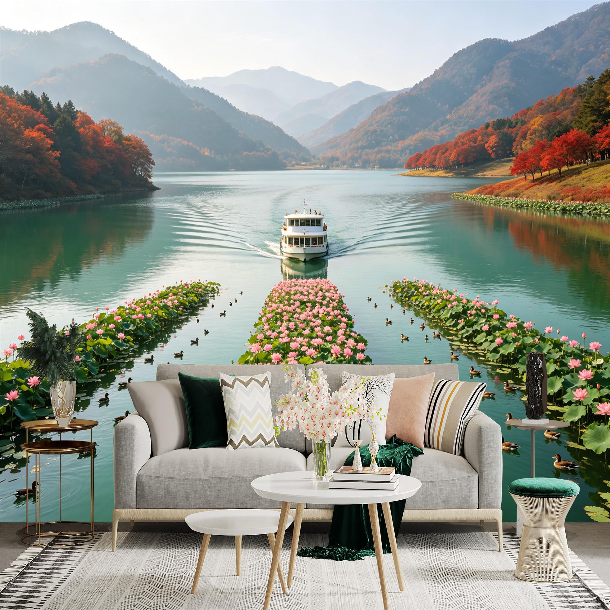 Custom Size Wall Sticker Mural， Cruise Ship on Lake， Blooming Lotus Flowers and Swimming Ducks， Autumn Mountains Scenery， for wall Decoration， peelandstick wall Decals.
