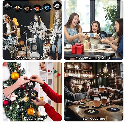Miniatura 3 de Paquete de 12 posavasos de vinilo retro con soporte, juego de posavasos con temática musical de los años 80 para protección de la mesa, regalos
