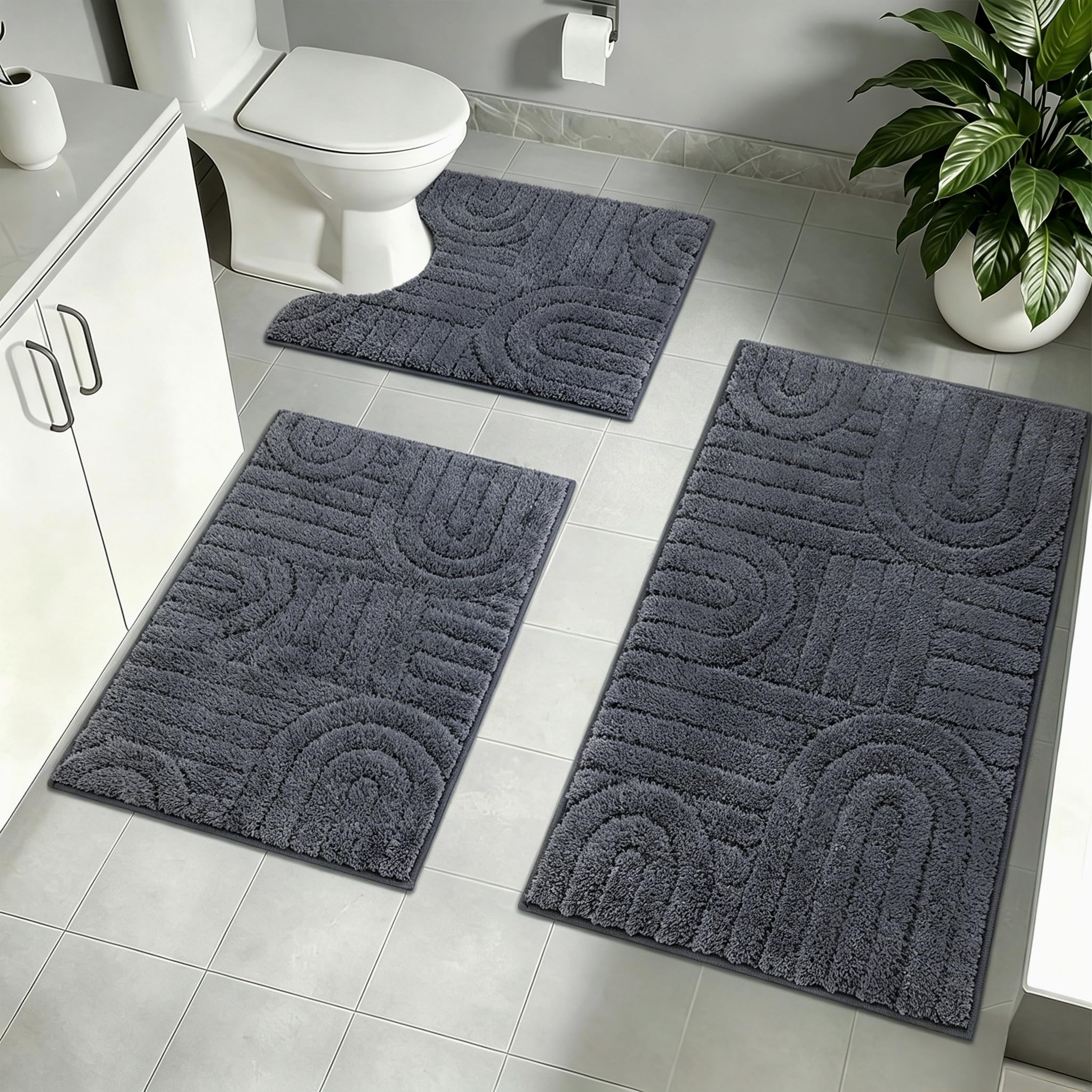 Homcomodar Juego de 3 alfombras de baño de microfibra suave, antideslizantes, lavables, absorbentes de agua y en forma de U, para ducha, inodoro y bañera (gris oscuro)