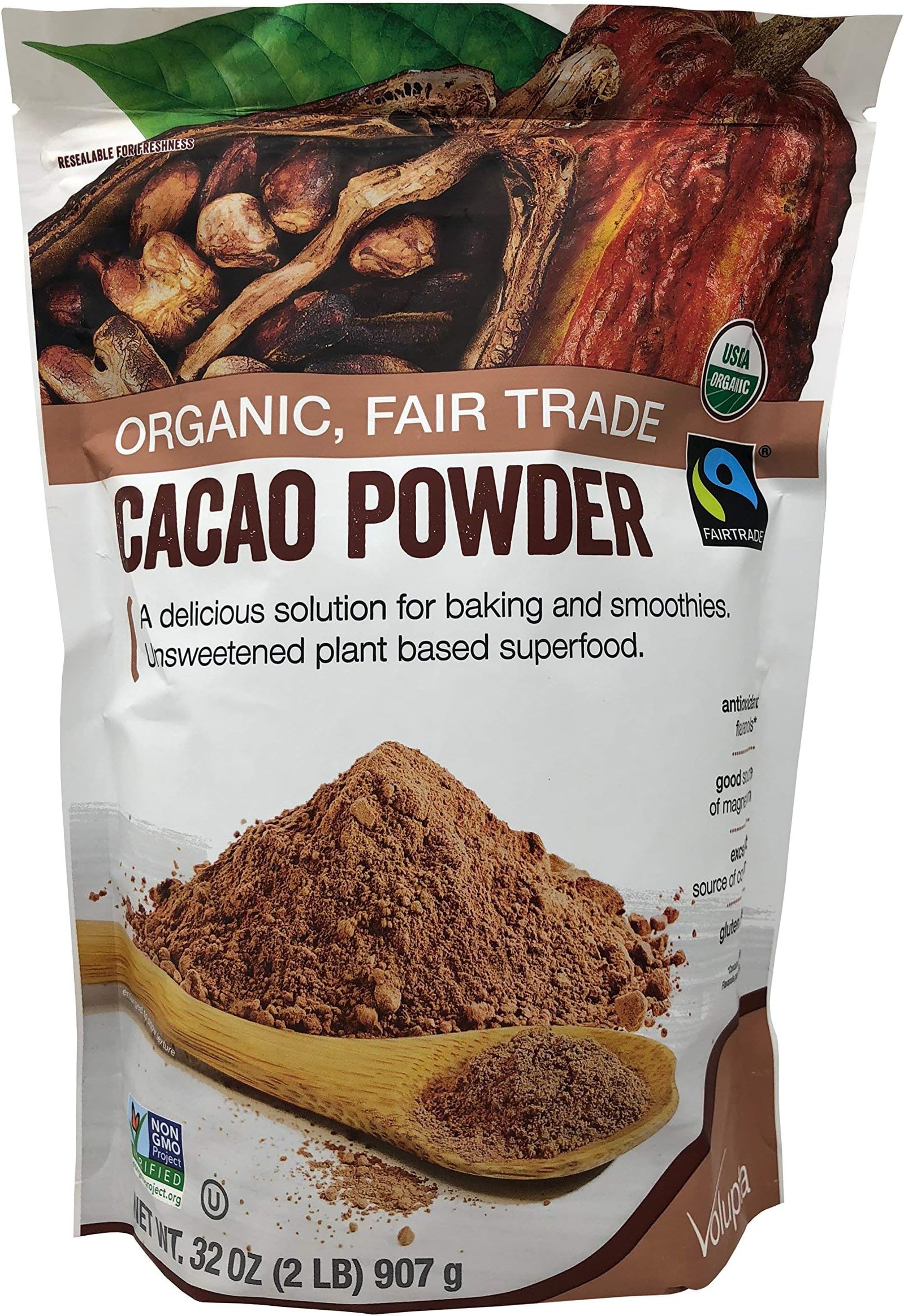 Volupta Organic & Fair Trade Unsweetened Super Food Cacao Powder, 32 Ounce