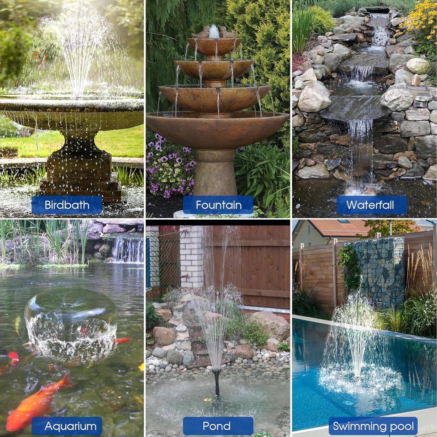 Image showing various applications of the solar fountain pump, including birdbaths, multi-tiered fountains, waterfalls, aquariums, ponds, and swimming pools.