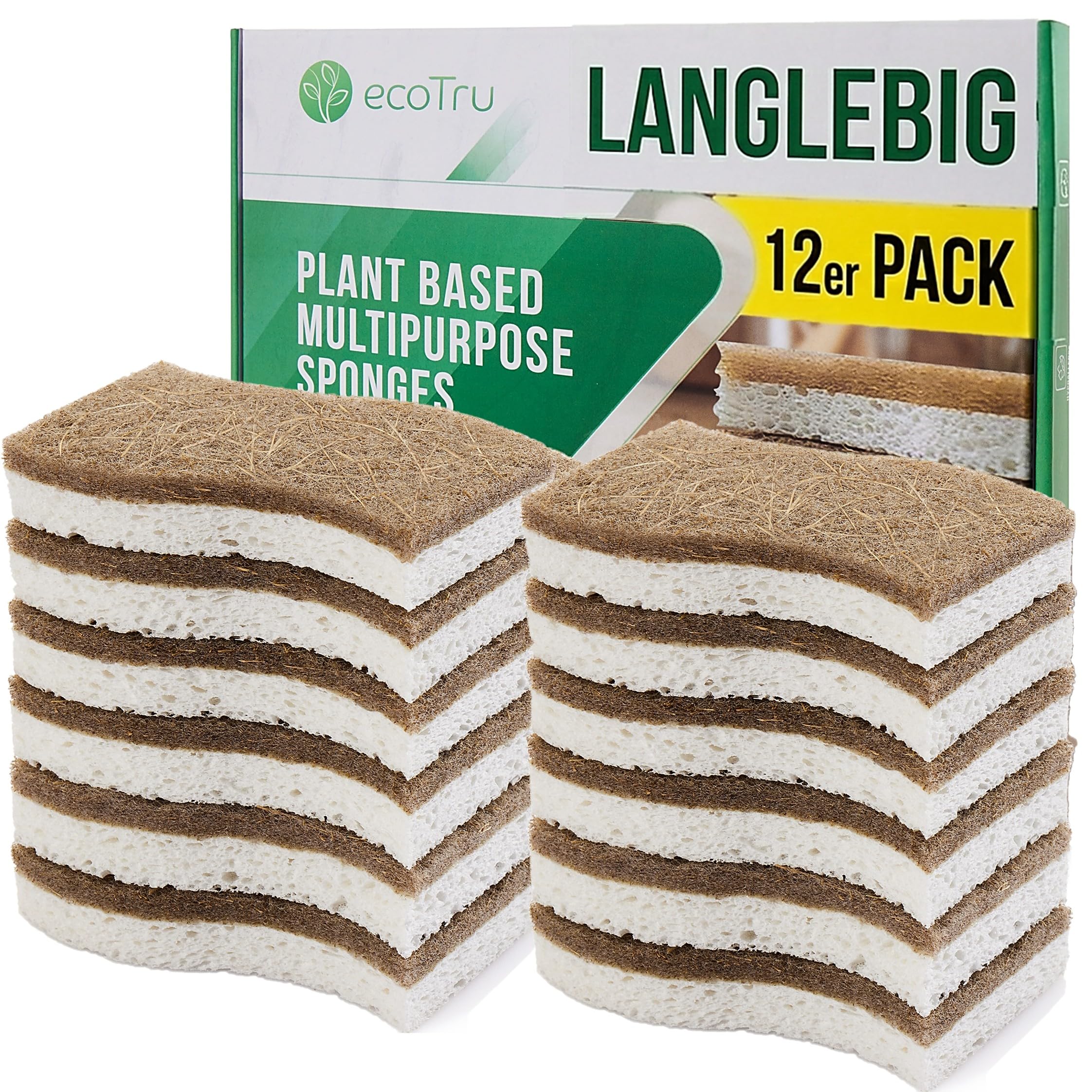 ecoTru 12 Stück Natur Zelluloseschwamm und Kokosfasern Mit Scheuerschwamm, Bio Reinigungsschwamm, Küchenschwamm, Spülschwamm, Geschirrschwamm, Biologisch Abbaubar, Umweltfreundlich und Nachhaltig