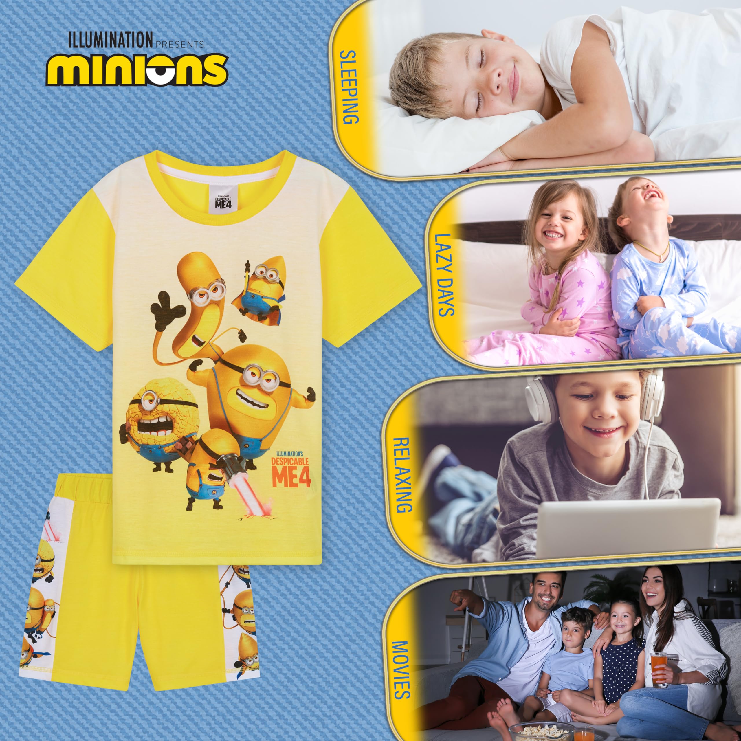 Minions Transpirable Pijama Niño Corto, Set de 2 Piezas - Regalo para Niños (Azul/Mostaza, 4-5 Años)