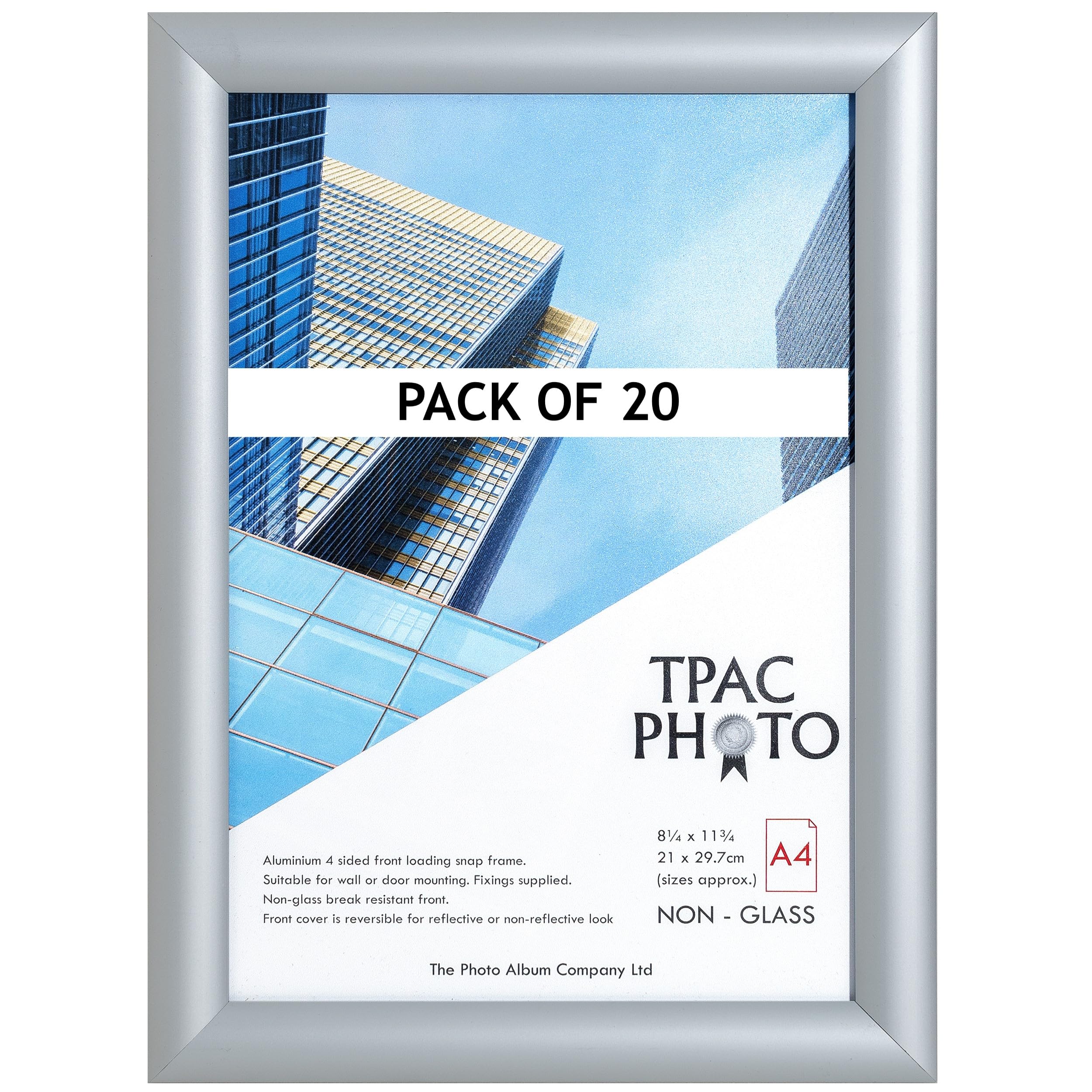 The Photo Album Company Limited Silver | Snap Frame | A4 (21X30cm), Satin Finish, Pack Of 20, Aluminium, Wall Mount | Acrylic Front, Easy Poster Change, Durable Display
