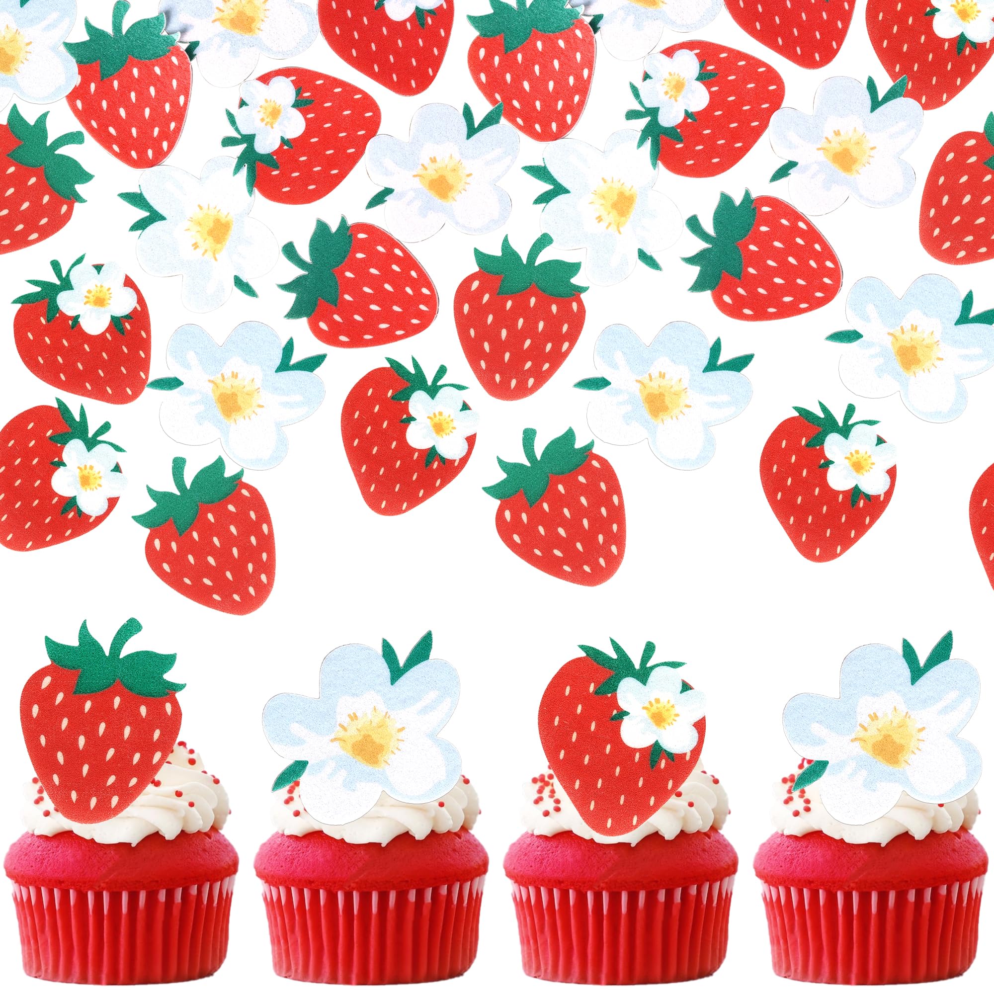 Xsstarmi 60 Pack Strawberry Edible Cupcake Toppers Rice Paper Strawberry Flower Fruit Berries Cupcake Picks for Baby Shower Birthday Party Cake Decorations Supplies