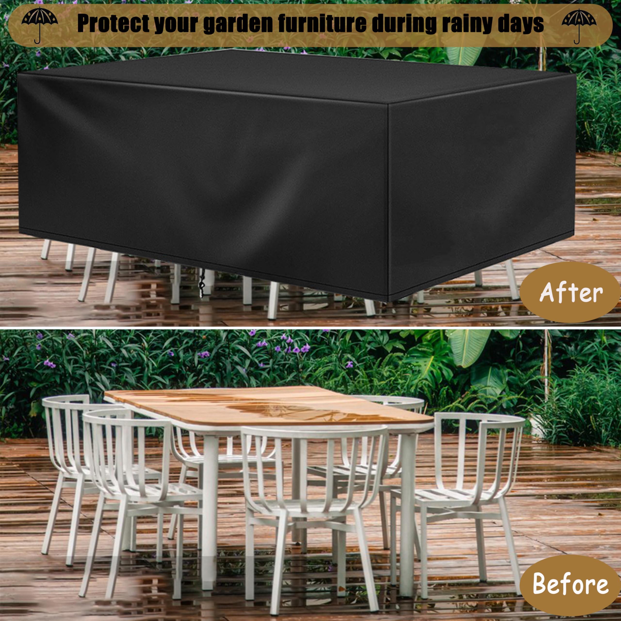 HNKDKJ Copertura Mobili Esterno Impermeabile 280x125x110cm /Lunghezza x Larghezza x Altezza Tessuto Oxford 420D Coperture per Tavoli da Giardino Antivento Anti-UV per Tavolino Basso da Esterno, Nero