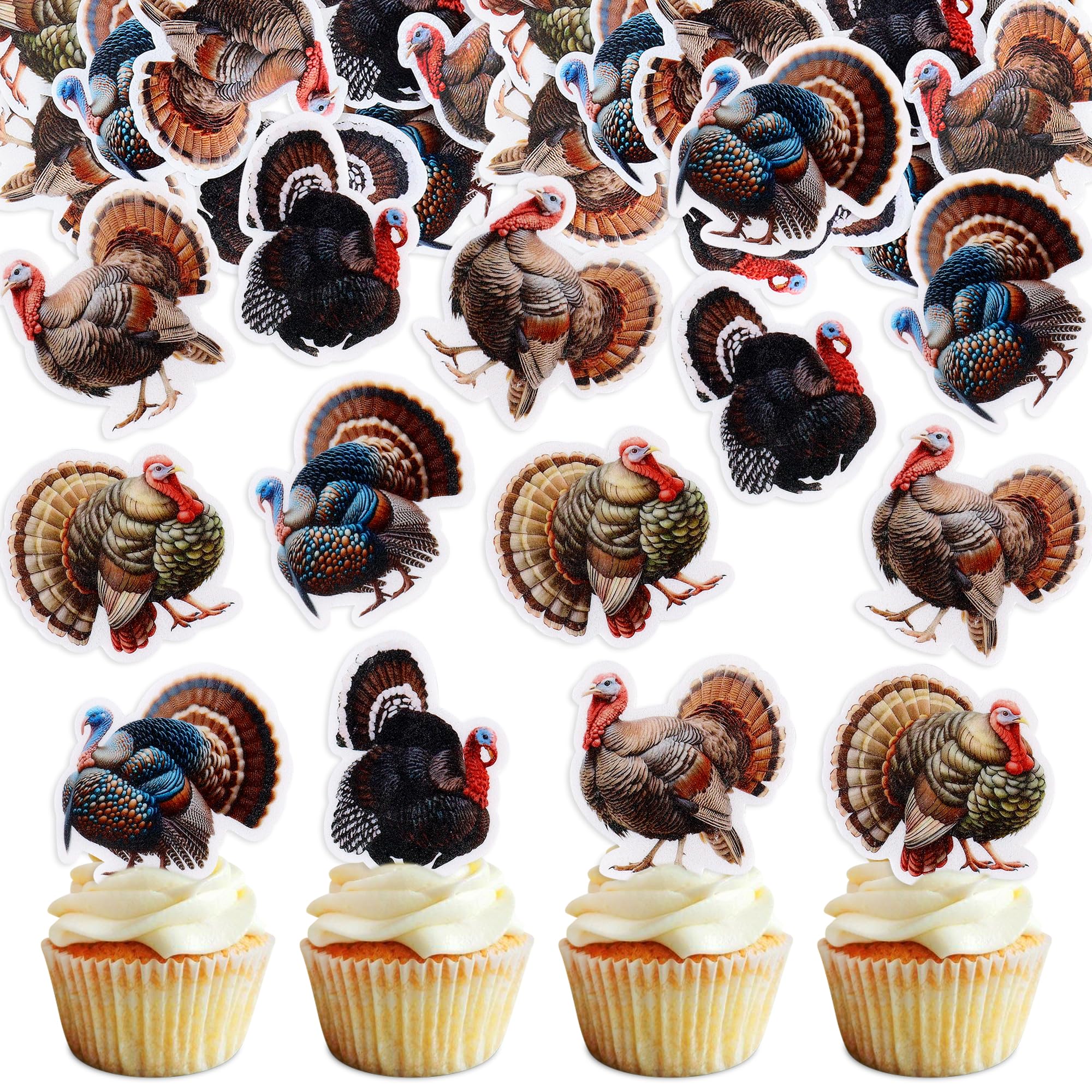Ercadio Confezione da 48 topper commestibili per cupcake del Ringraziamento, decorazioni per torte di tacchino per feste a tema Happy Thanksgiving Day