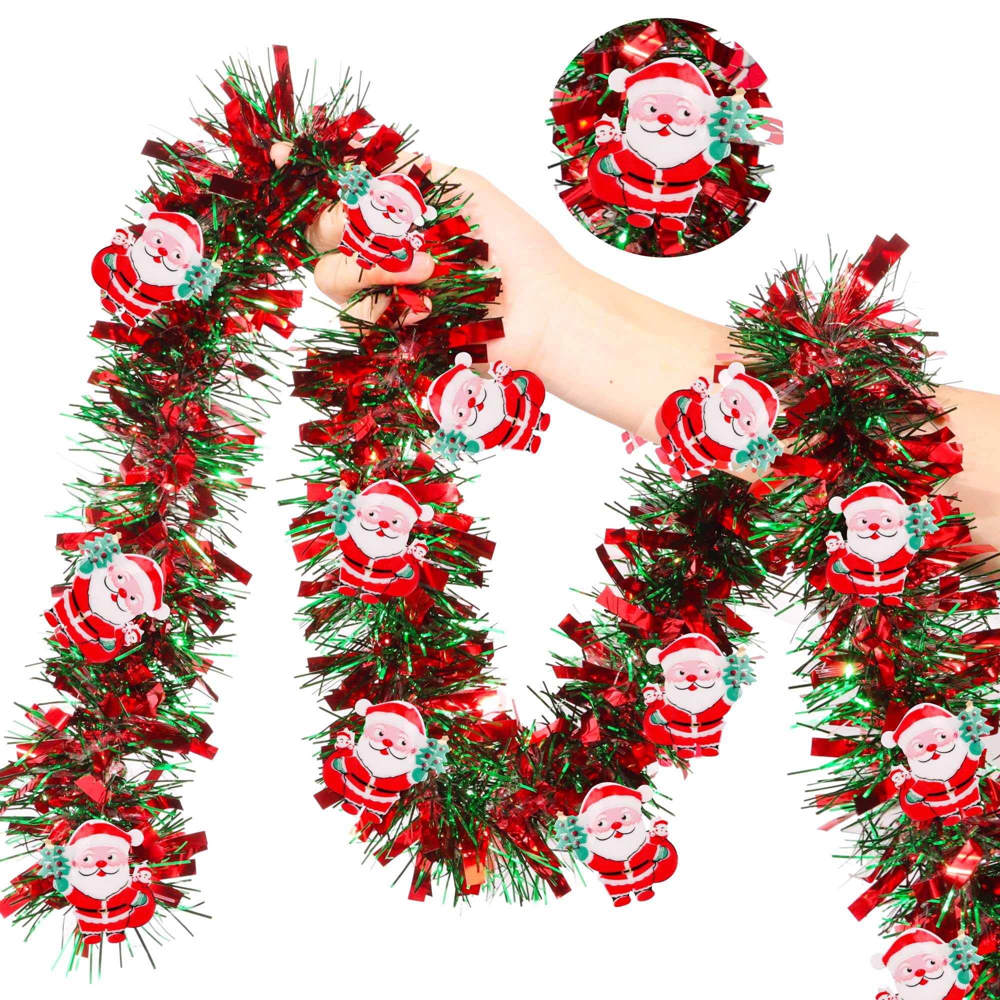 50FT Red Green Christmas Tinsel Garland with Santa Claus Ornaments, Metallic Twist Shiny Xmas Garland for Tree Decorations Fireplace Mantel Home Office Stair Party Outdoor Indoor Holiday Decor