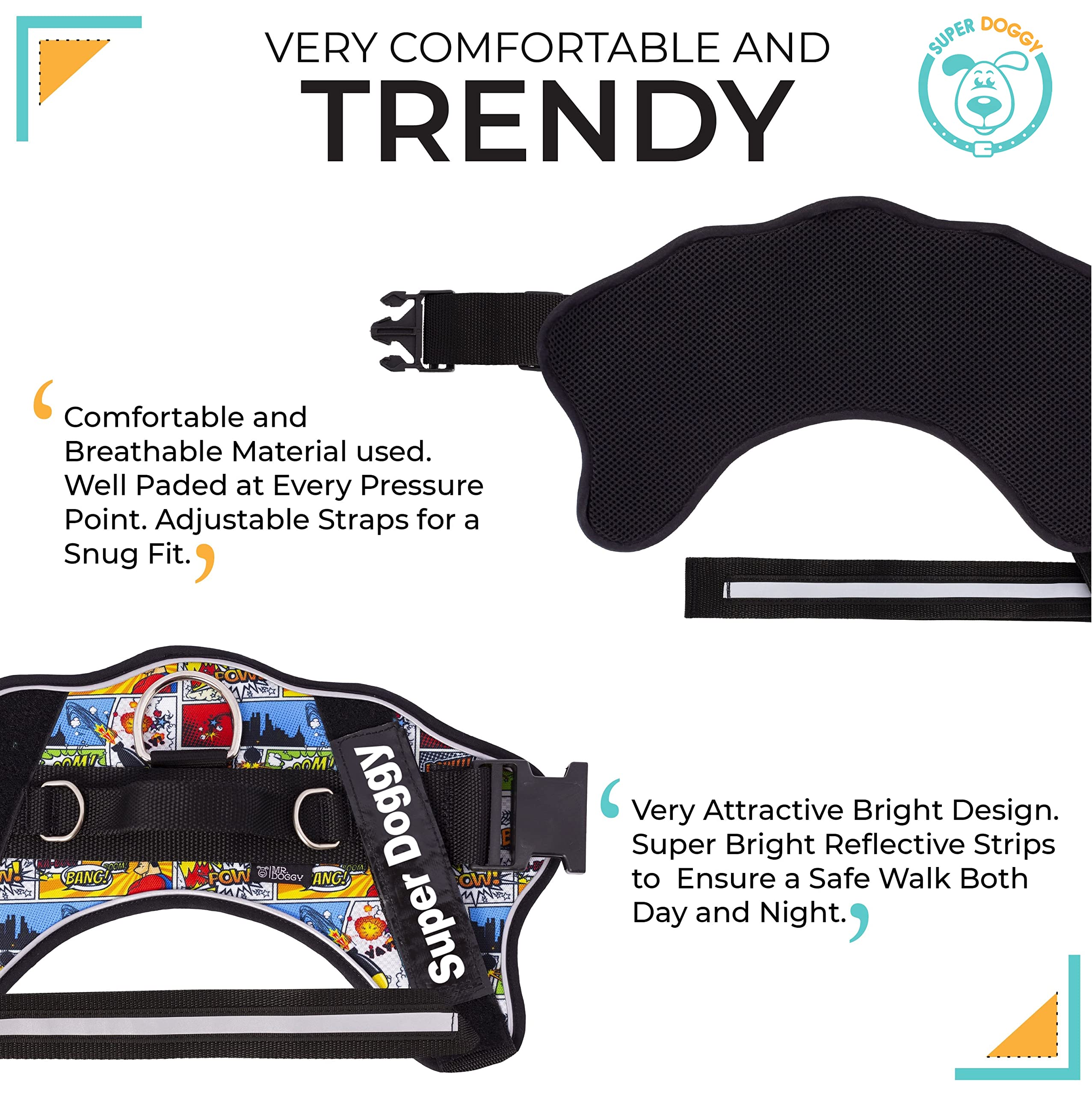 SUPER DOGGY Arnes Personalizado para Perros - Tamaño Pequeño, Mediano y Grande - Incluye 2 Etiquetas con Nombre - Pechera para Perros Reflectante y Seguro (XS 3-7KG, Cómic)