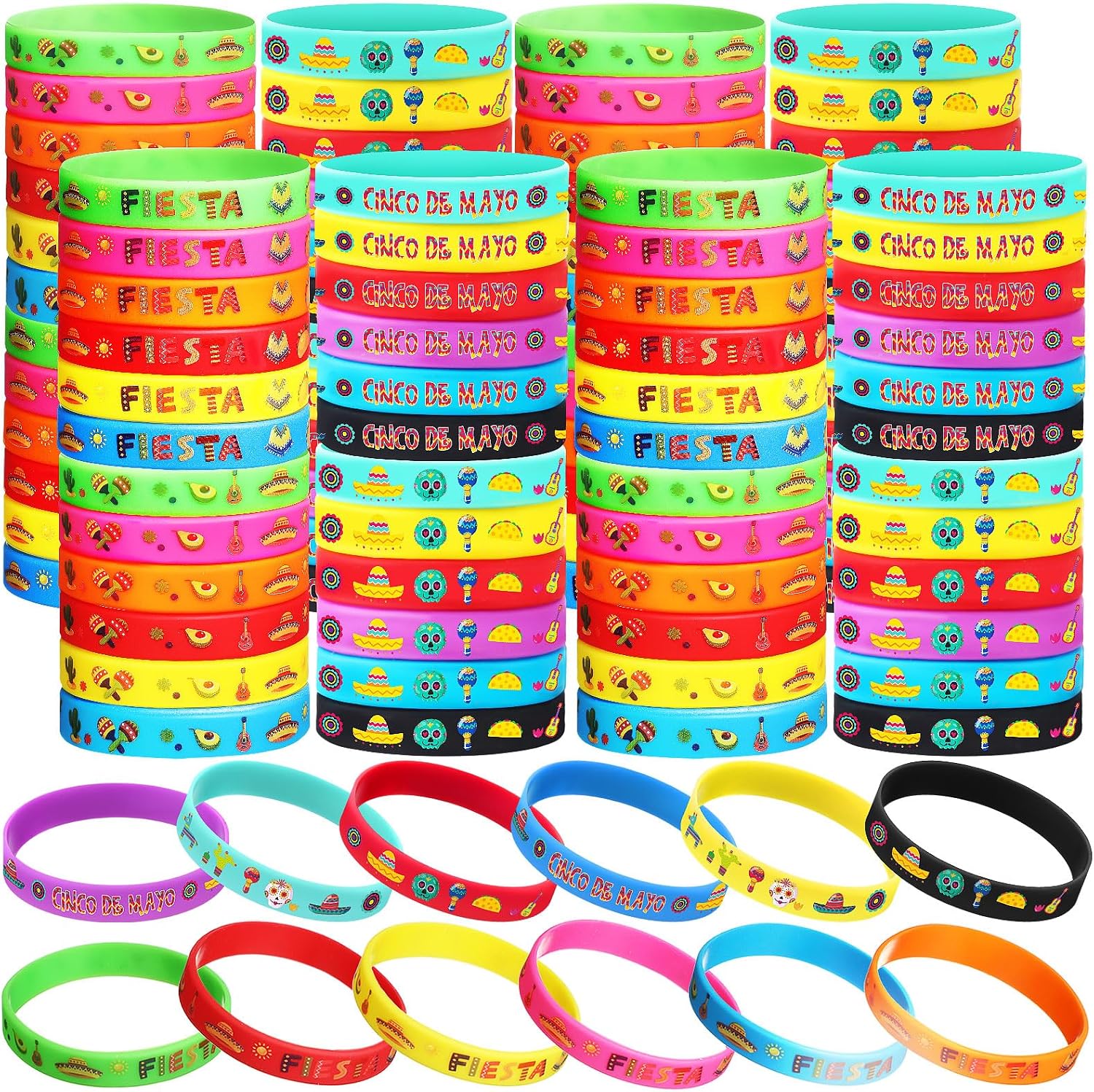 Xinnun Mexican Fiesta Rubber Bracelets Cinco De Mayo Fiesta Party Silicone Wristbands with Taco Cactus Piñata Maracas Pattern for Cinco De Mayo Party