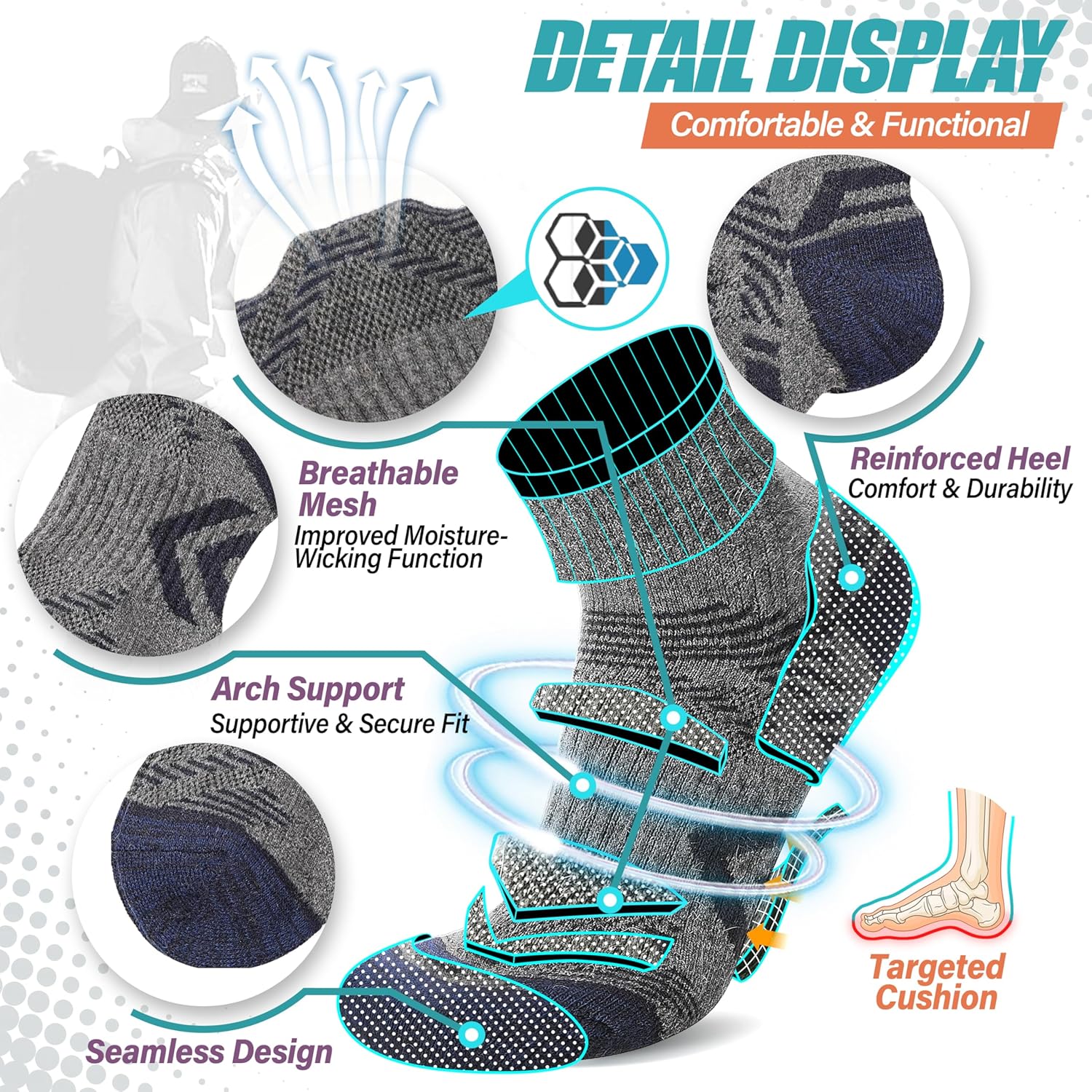 ANTSANG 6 Pairs Merino Wool Quarter Ankle Hiking Running Socks Compression Thermal Thick Cushion Socks for Women Men - Image 4