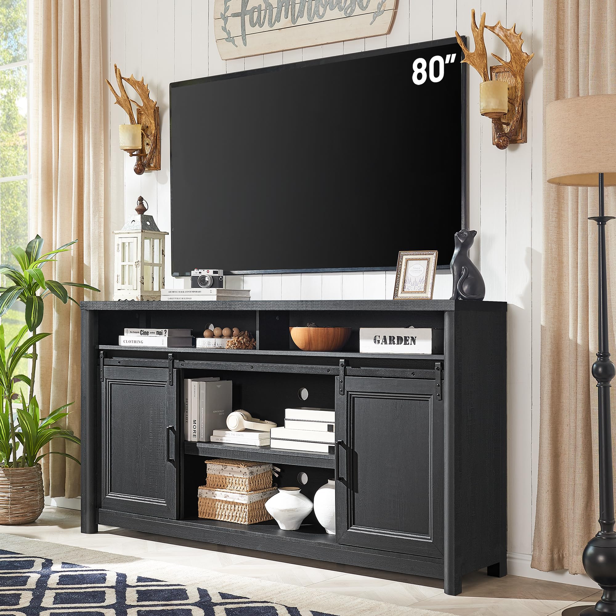 Farmhouse TV Stand for Living Room, Large Black Entertainment Center with Storage, TV Console for Bedroom, TV Stand with Sliding Barn Door Television