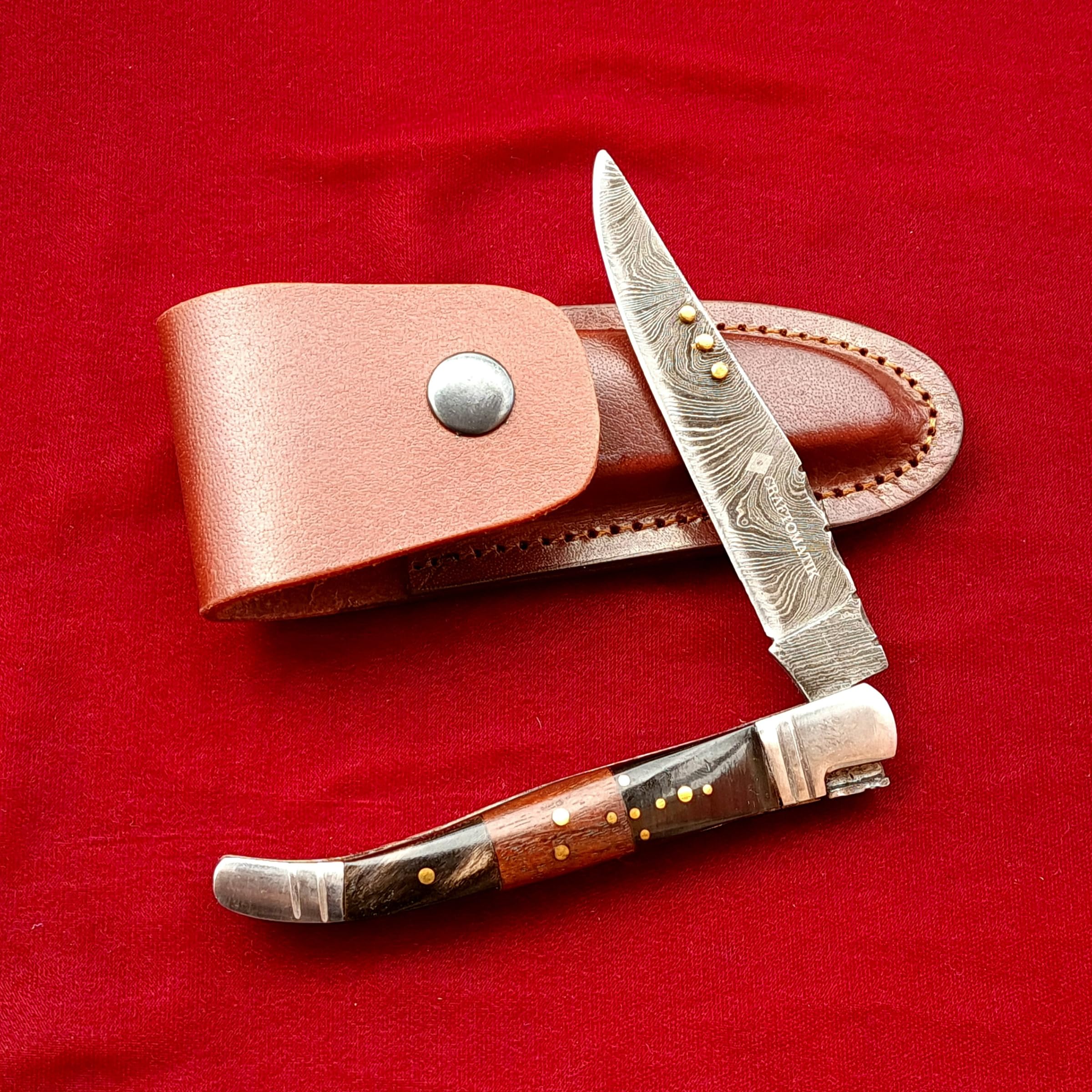 Damast Stahl Taschenmesser | Klappmesser Laguiole | Büffelhorn, Rosenholz, Edelstahl, Messing Stiften Griff | Handgefertigt Outdoor Damastmesser Camping Messer | FK25