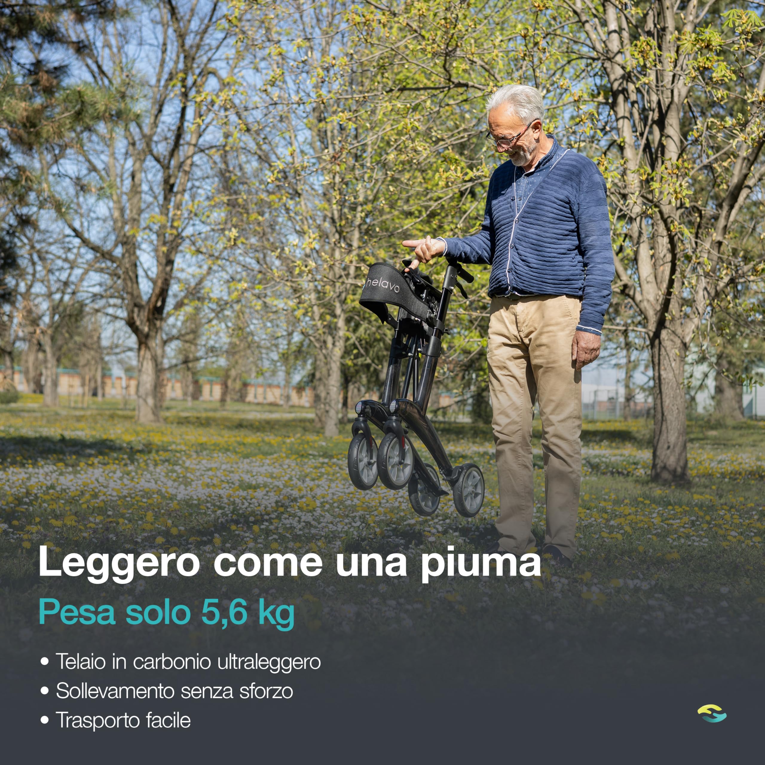 Helavo Deambulatore per Anziani 4 Ruote in Carbonio Ultraleggero - Solo 5,6 kg di Peso - Girello per Anziani Leggero in Fibra di Carbonio