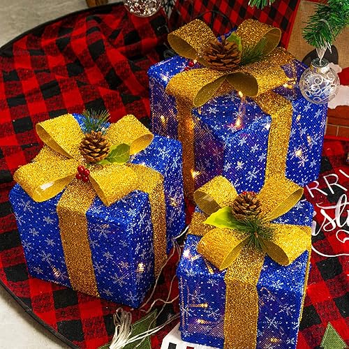 Miniatura 6 de FUNPENY Set of 3 Christmas Lighted Gift Boxes, 50 LED Christmas Box Decorations, Presents Boxes with Ribbon Bows for Xmas Tree, Yard, Home, Indoor