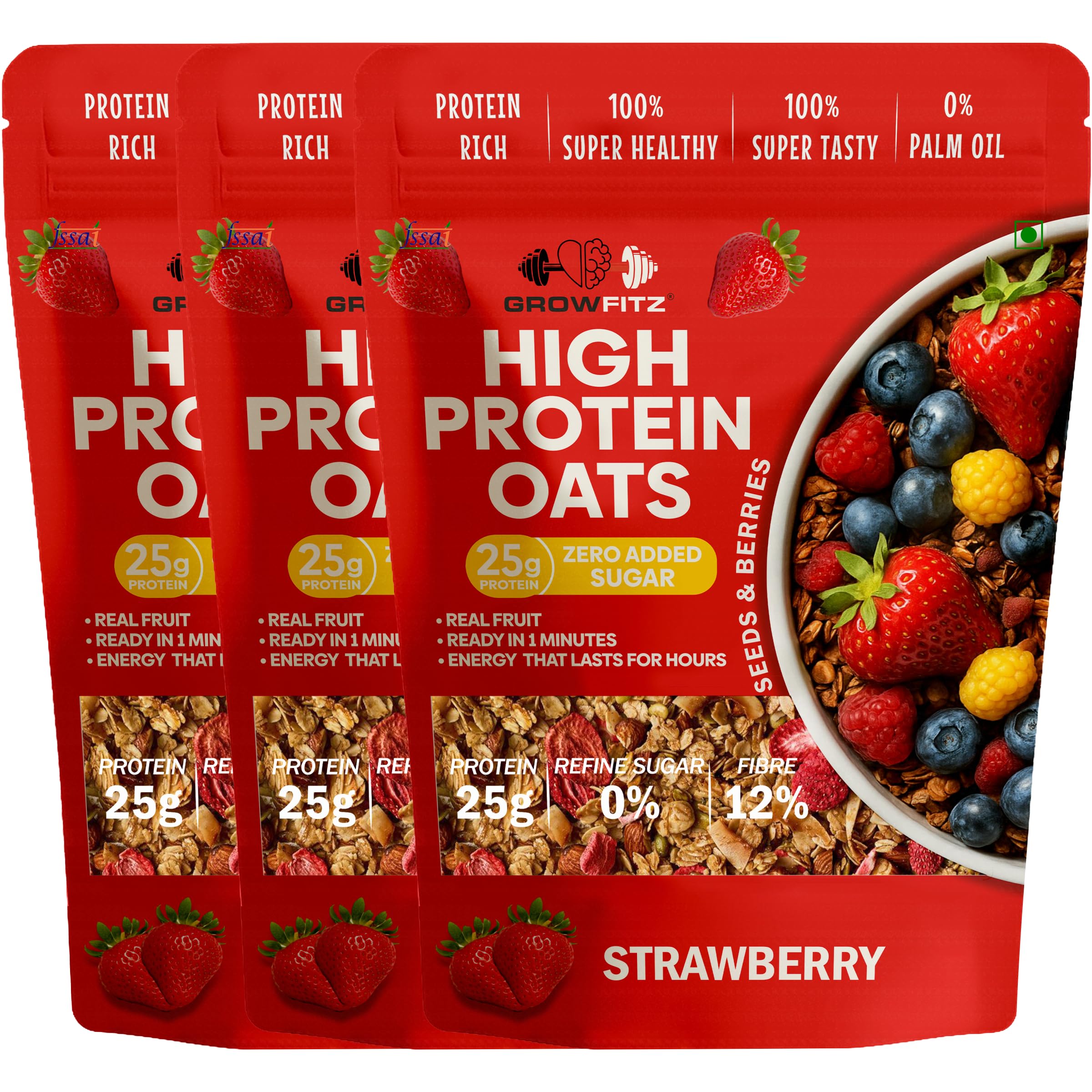 GrowFitz 25g High Protein Oats 800 Gram | Strawberry Flavor Breakfast Oatmeal | 12g High Fiber, Almonds, Raisin, Pumpkin, Chia Seeds, Super Rolled Oats | Healthy Fats, No Added Sugar (Pack of 3)