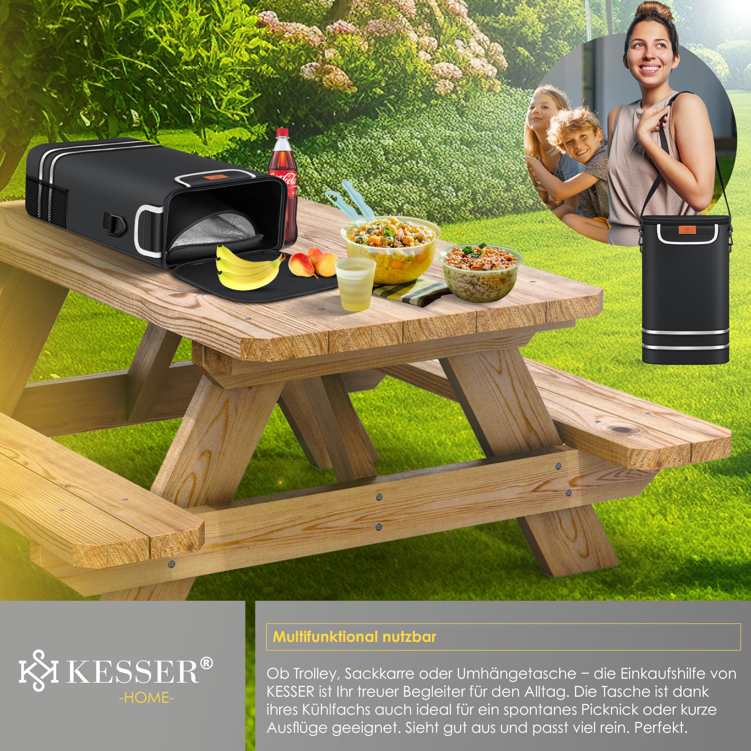KESSER® Einkaufstrolley klappbar mit 56L Kapazität und belastbar bis 50kg | 3in1 Trolley Sackkarre & Umhängetasche | Faltbarer Einkaufswagen inkl. Kühlfach & Einkaufschip | Treppensteiger Schwarz
