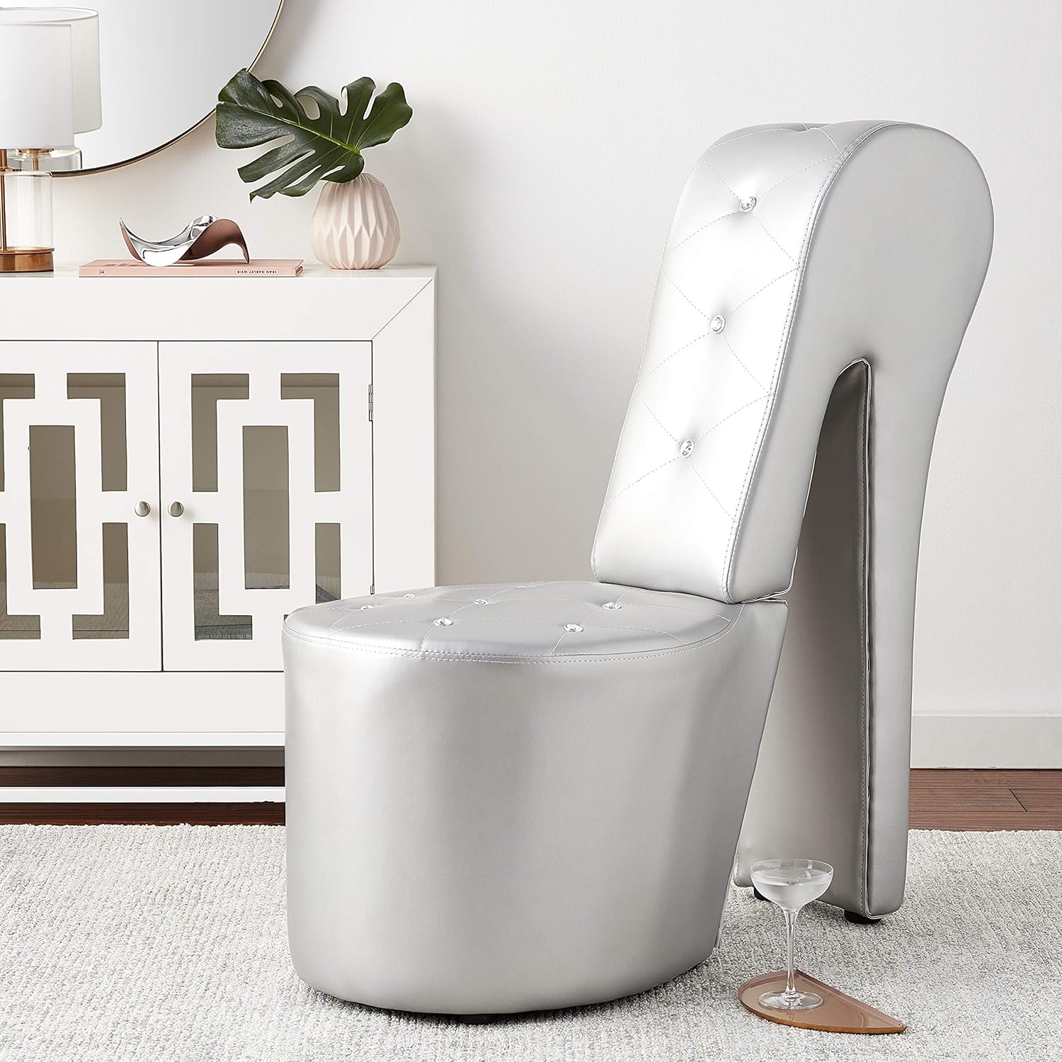 Best Master Furniture High Heel Faux Leather Shoe Chair with Crystal Studs, Silver
